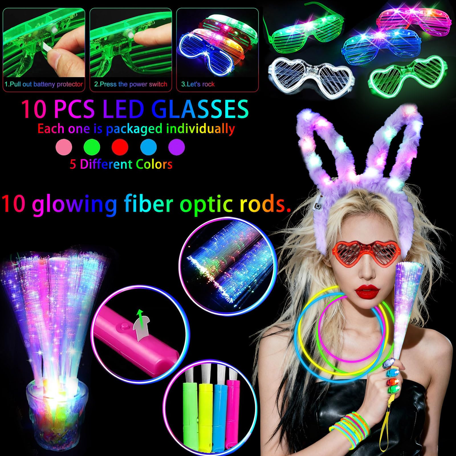 AioAuiy 186 PCS Glow in the Dark Party Set — Neon Sticks, Wands, LED Glasses & More