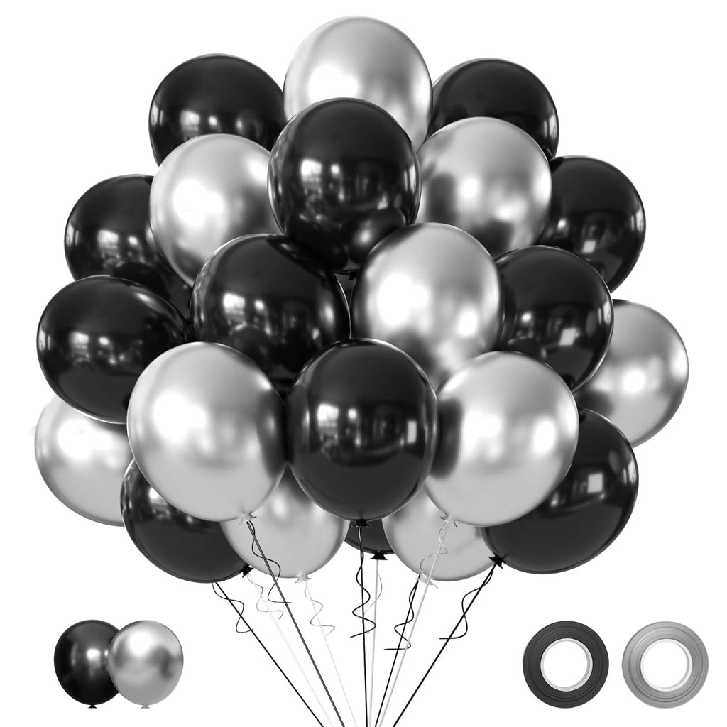 AIOZX Black & Silver Balloon Kit – 50pcs 12-Inch Balloons for Birthday, Graduation, New Year, Wedding