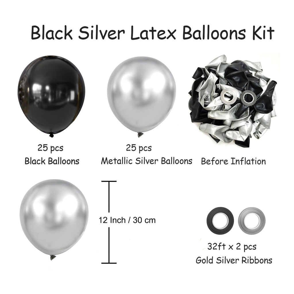 AIOZX Black & Silver Balloon Kit – 50pcs 12-Inch Balloons for Birthday, Graduation, New Year, Wedding