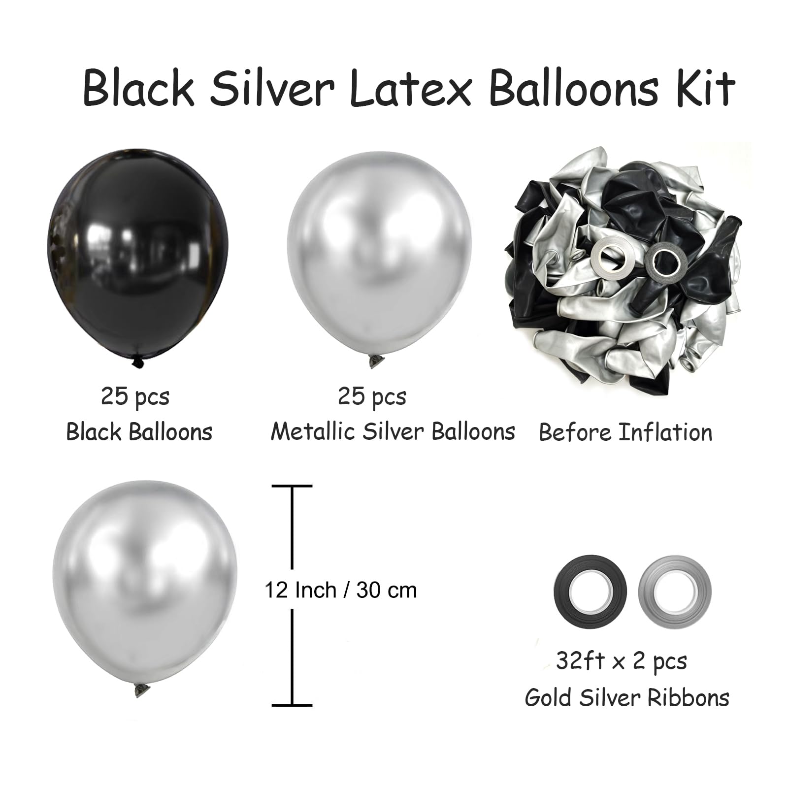 AIOZX Black & Silver Balloon Kit – 50pcs 12-Inch Balloons for Birthday, Graduation, New Year, Wedding