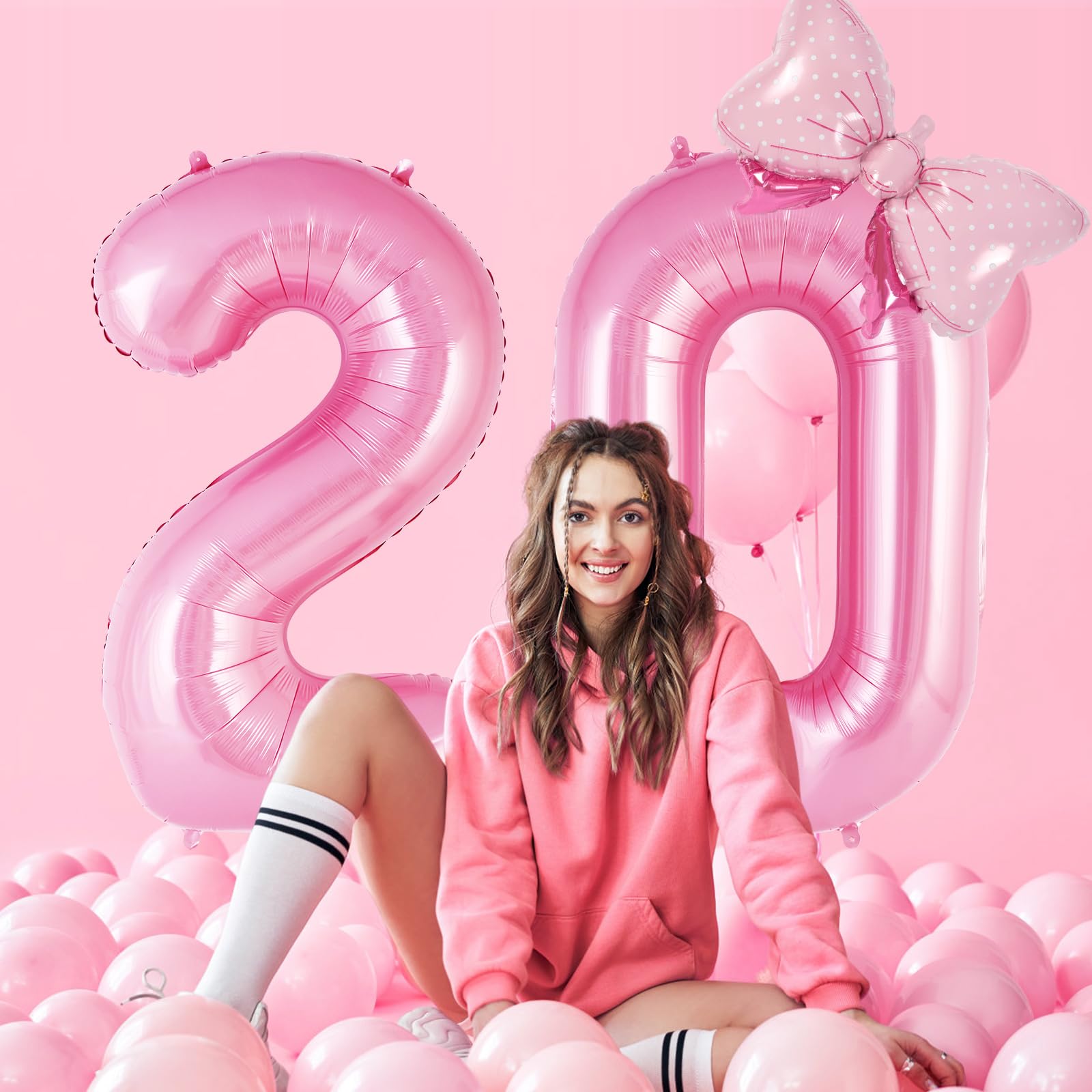AIQINHU Bow Pink 2 Balloon – 40 Inch Large Foil Number Balloons with Bow for Birthday Parties