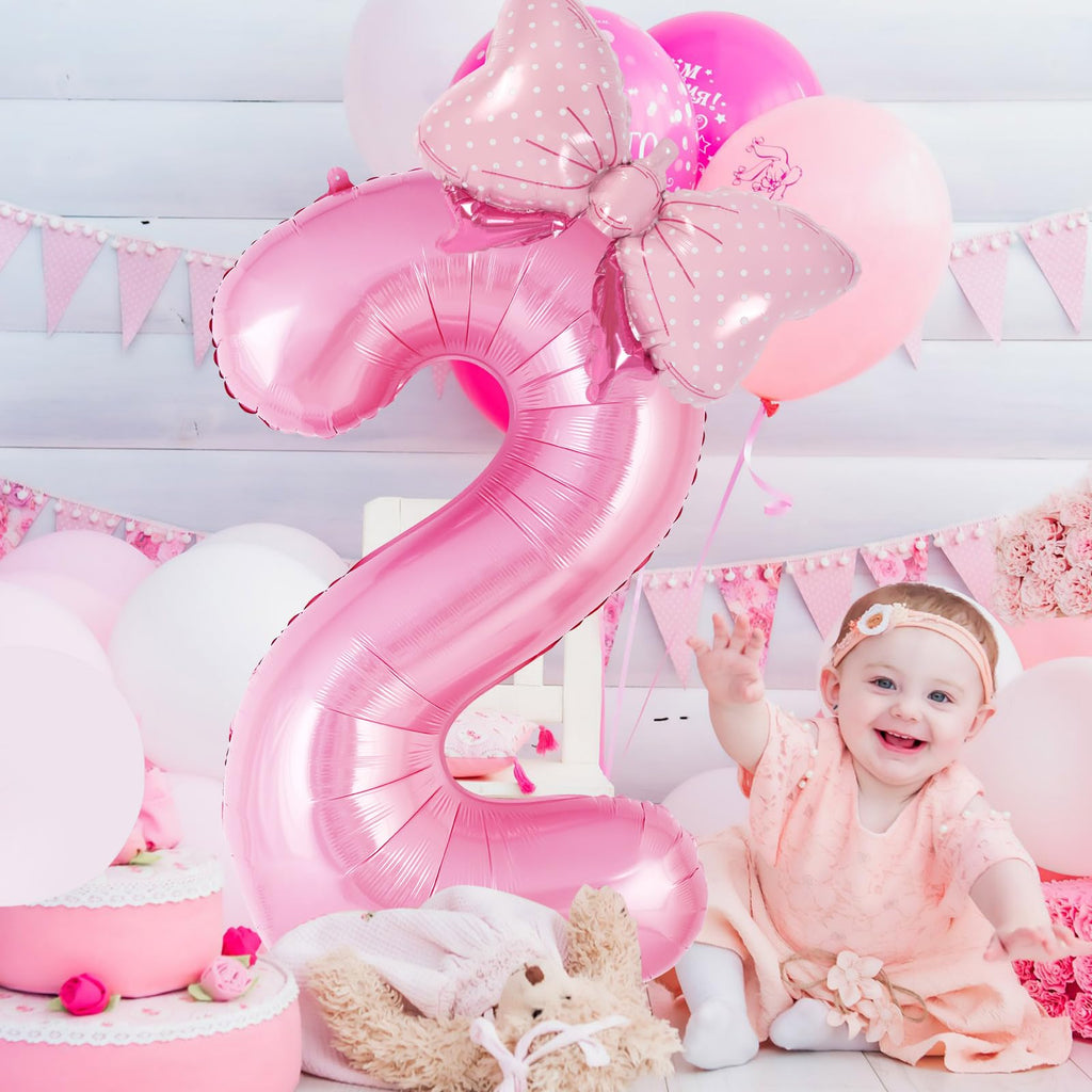 AIQINHU Bow Pink 2 Balloon – 40 Inch Large Foil Number Balloons with Bow for Birthday Parties