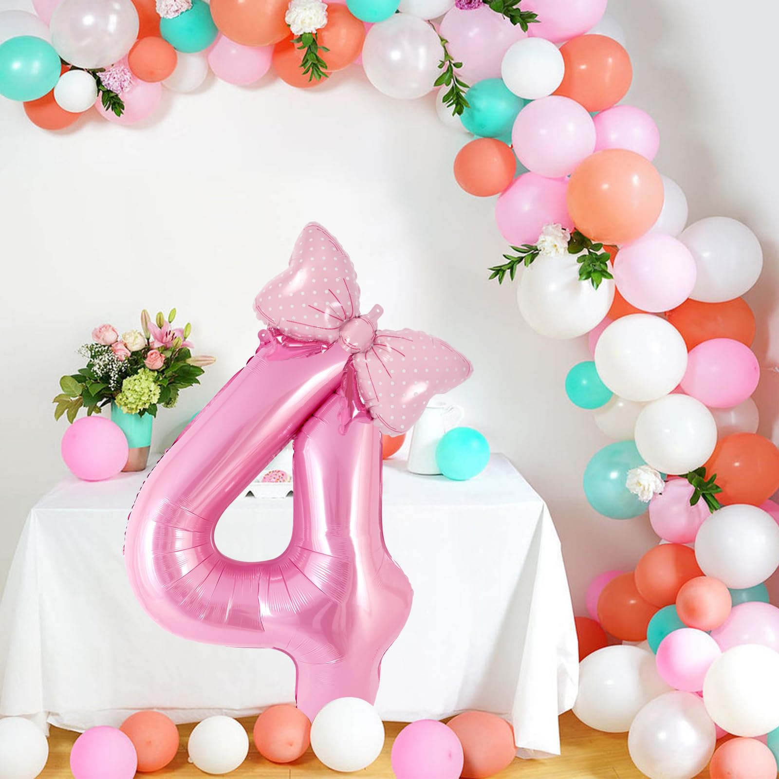 AIQINHU Bow Pink Number 4 Balloon Set – 40 Inch Foil Balloons with Bow for Birthday Parties