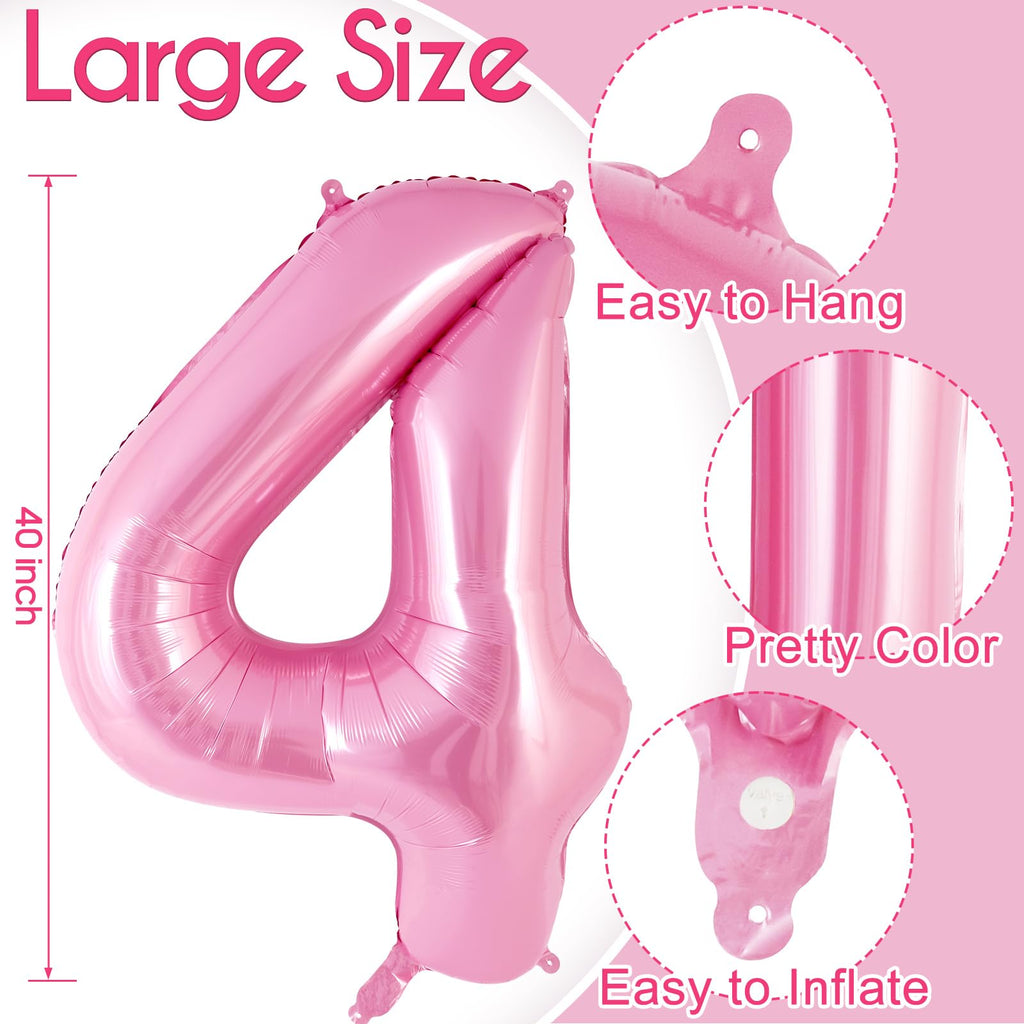 AIQINHU Bow Pink Number 4 Balloon Set – 40 Inch Foil Balloons with Bow for Birthday Parties