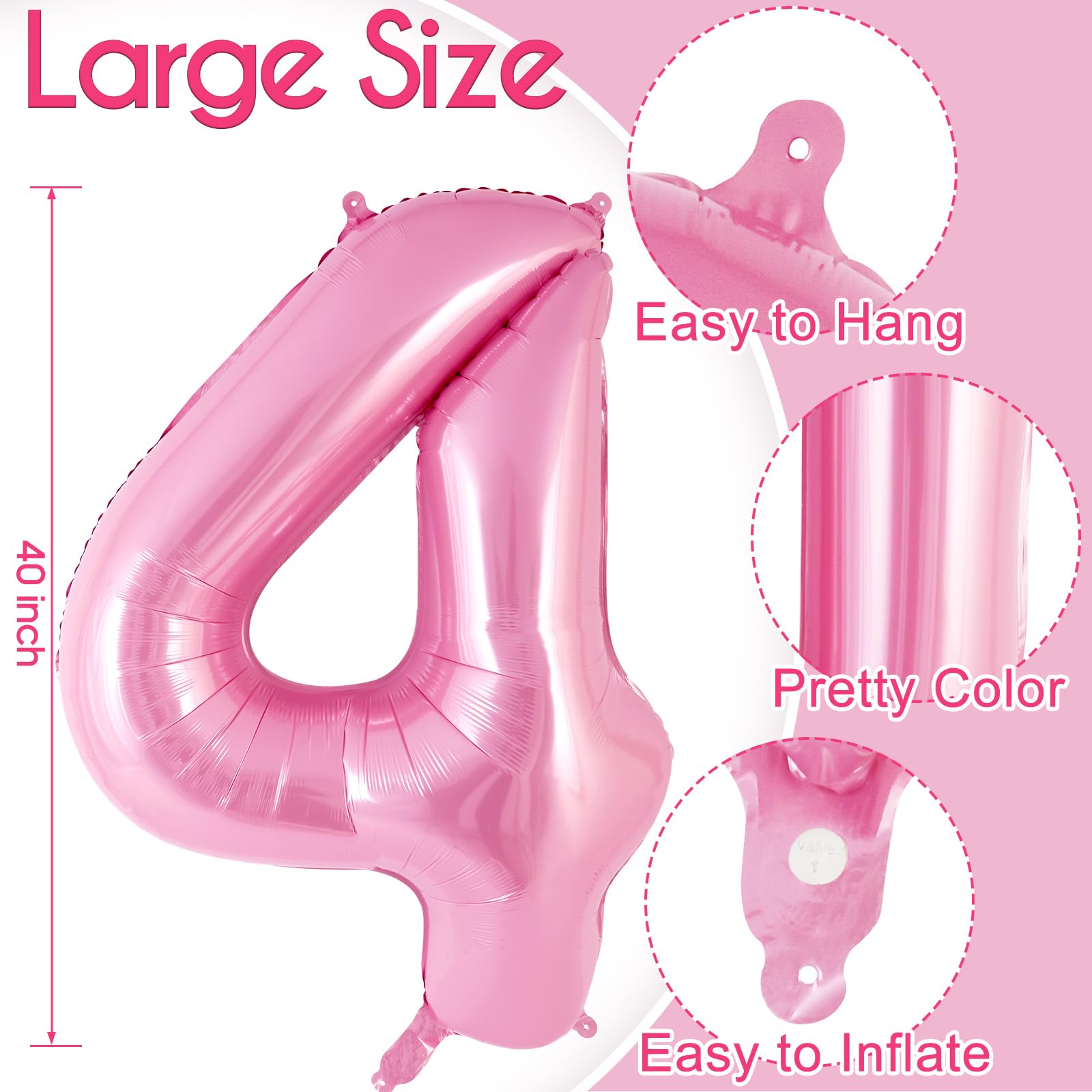AIQINHU Bow Pink Number 4 Balloon Set – 40 Inch Foil Balloons with Bow for Birthday Parties