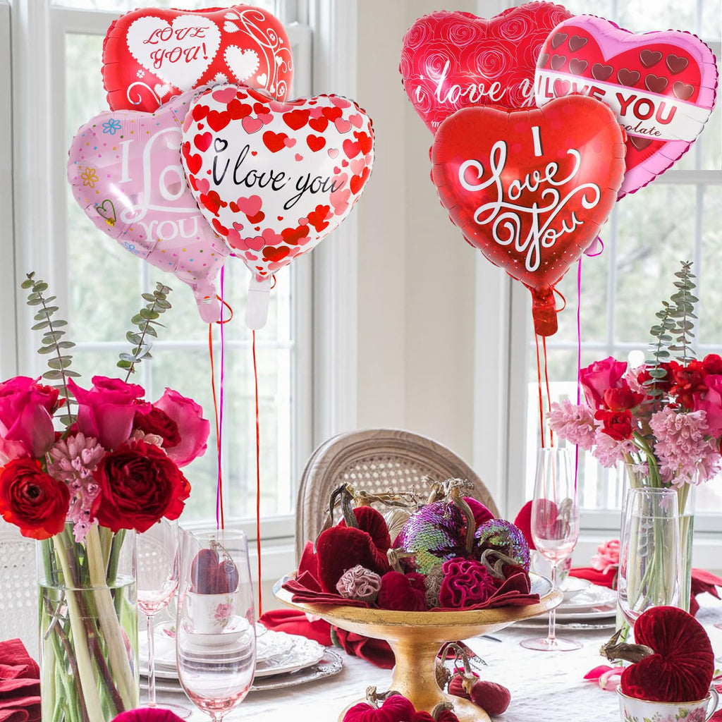 AIQINHU Red Heart Valentine Balloons – 16 Pcs I Love You Foil Balloons for Valentines Day and Romantic Nights