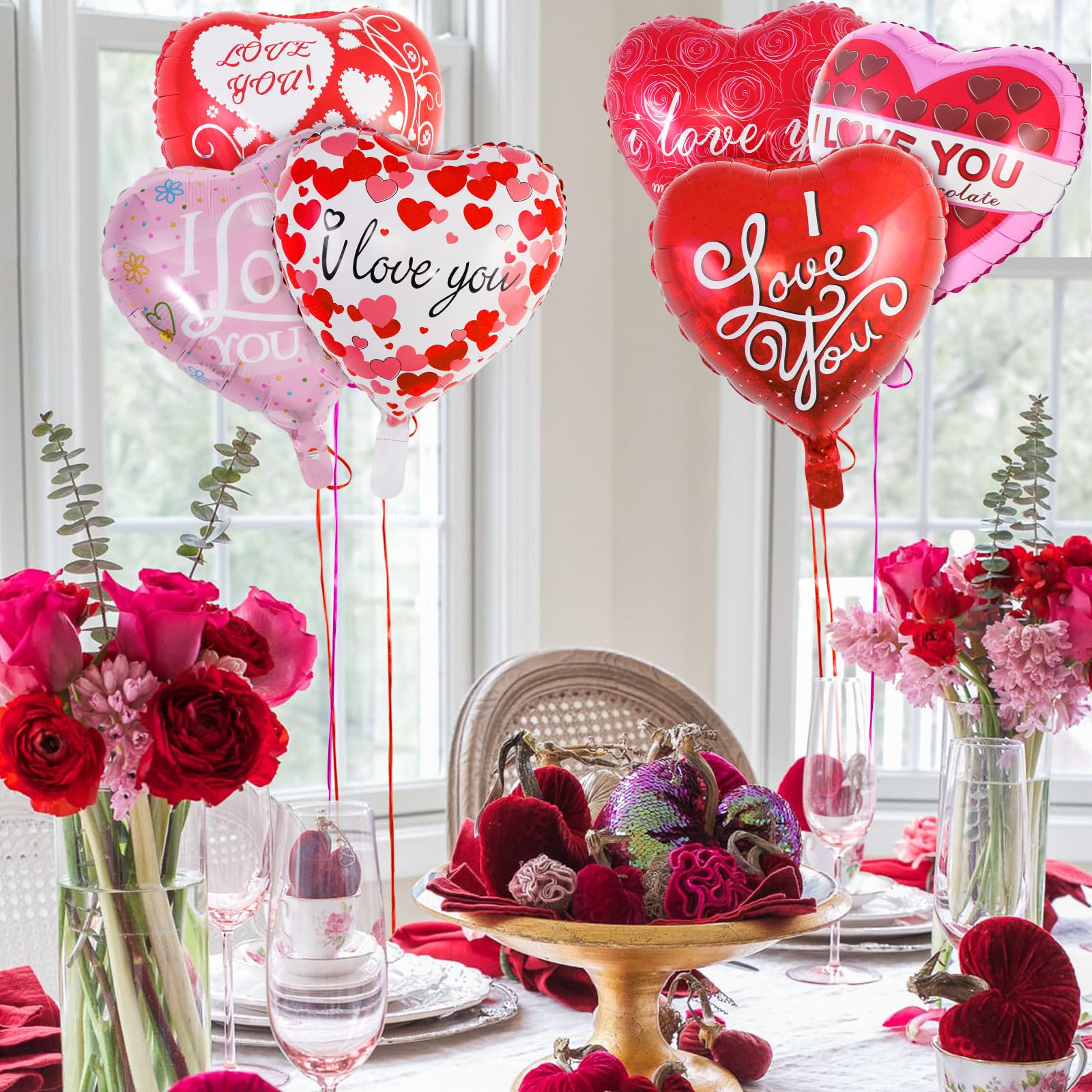 AIQINHU Red Heart Valentine Balloons – 16 Pcs I Love You Foil Balloons for Valentines Day and Romantic Nights