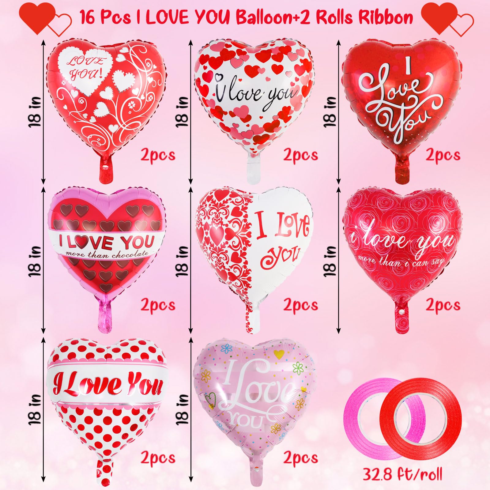 AIQINHU Red Heart Valentine Balloons – 16 Pcs I Love You Foil Balloons for Valentines Day and Romantic Nights