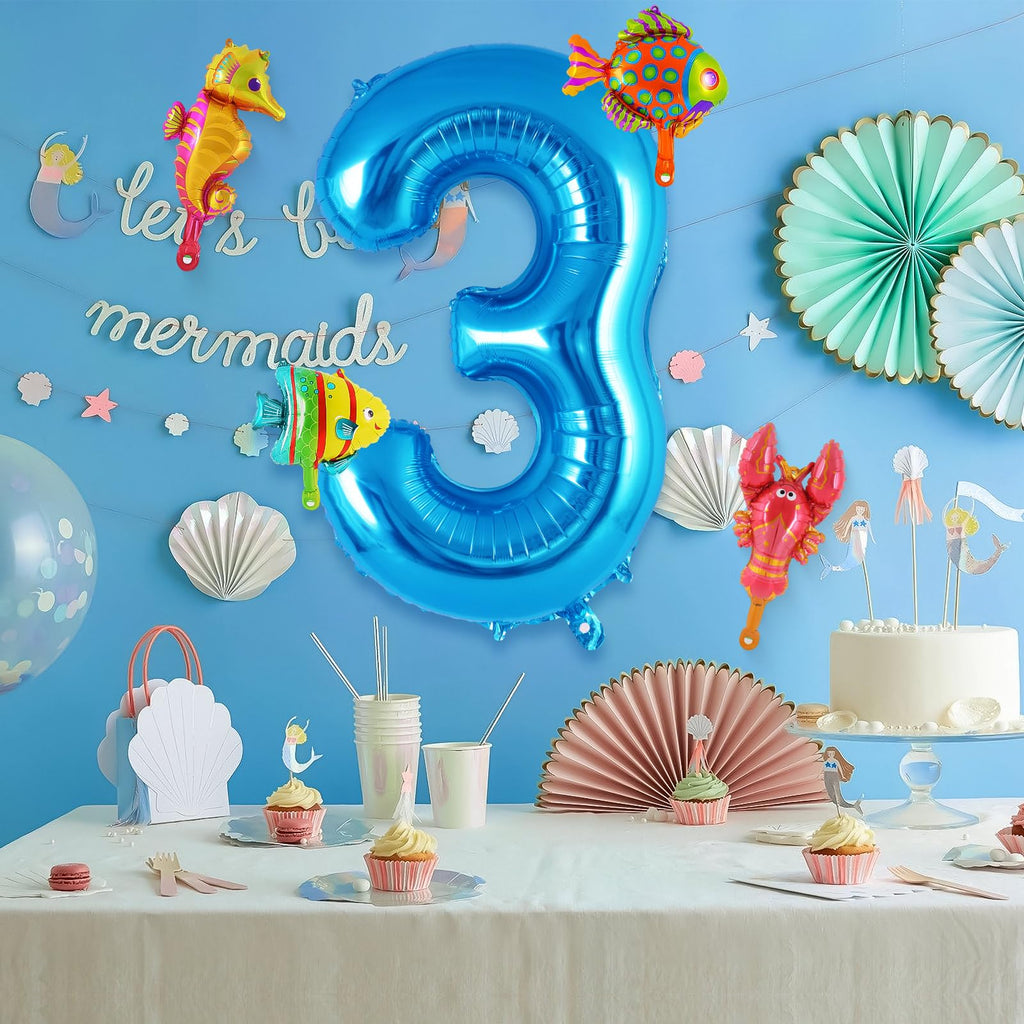 AIQINHU Sea Animal Blue 3 Balloon Set — 40-Inch Foil Balloon with 4 Mini Ocean Balloons