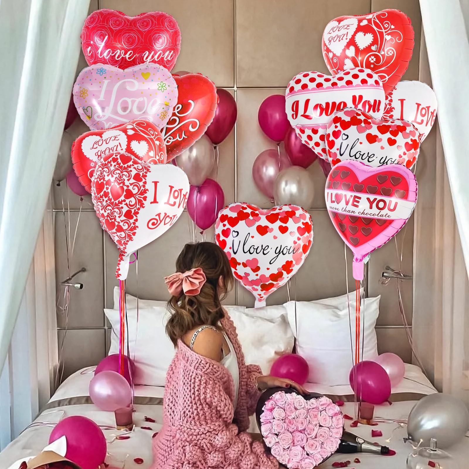 AIQINHU Red Heart Valentine Balloons – 16 Pcs I Love You Foil Balloons for Valentines Day and Romantic Nights