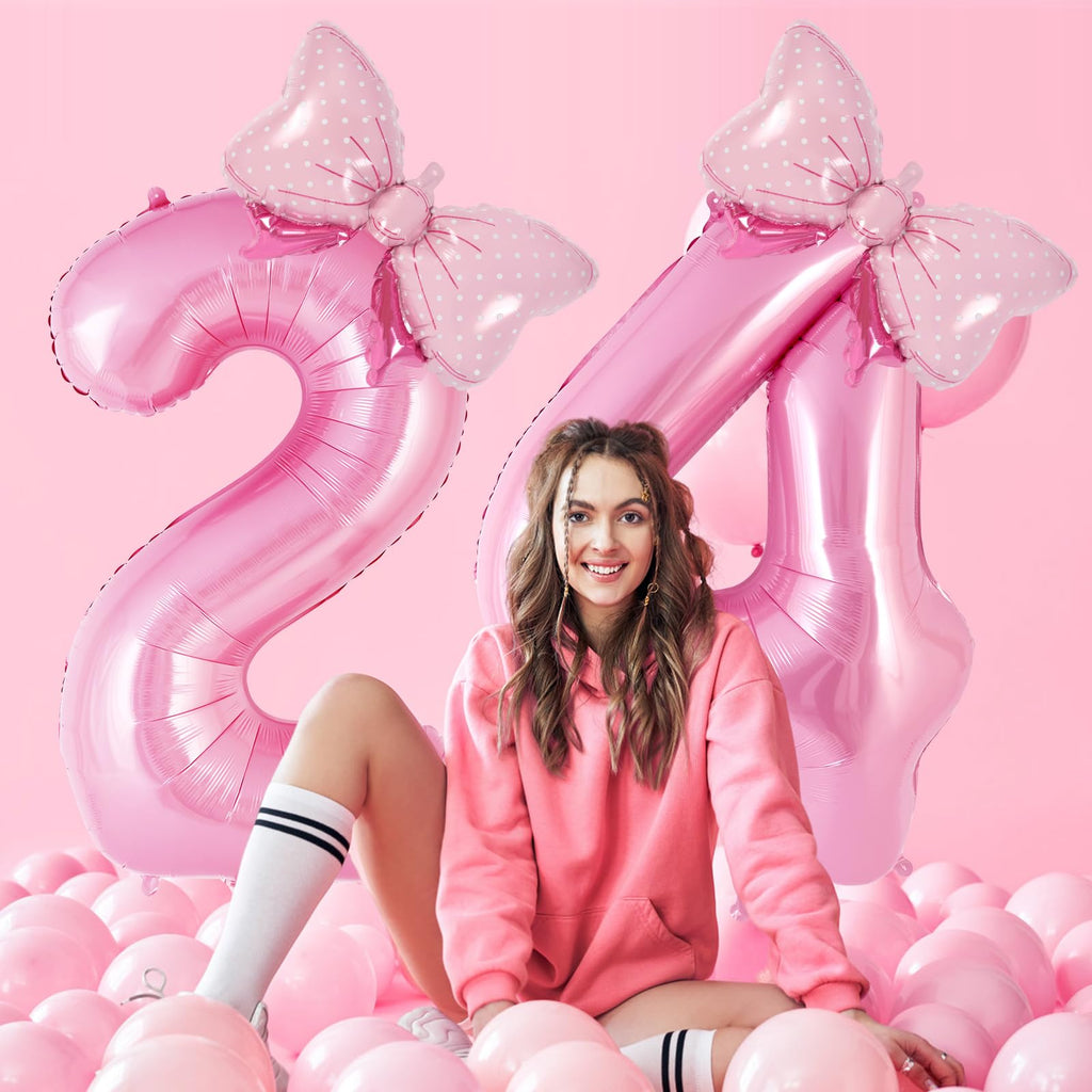AIQINHU Bow Pink Number 4 Balloon Set – 40 Inch Foil Balloons with Bow for Birthday Parties