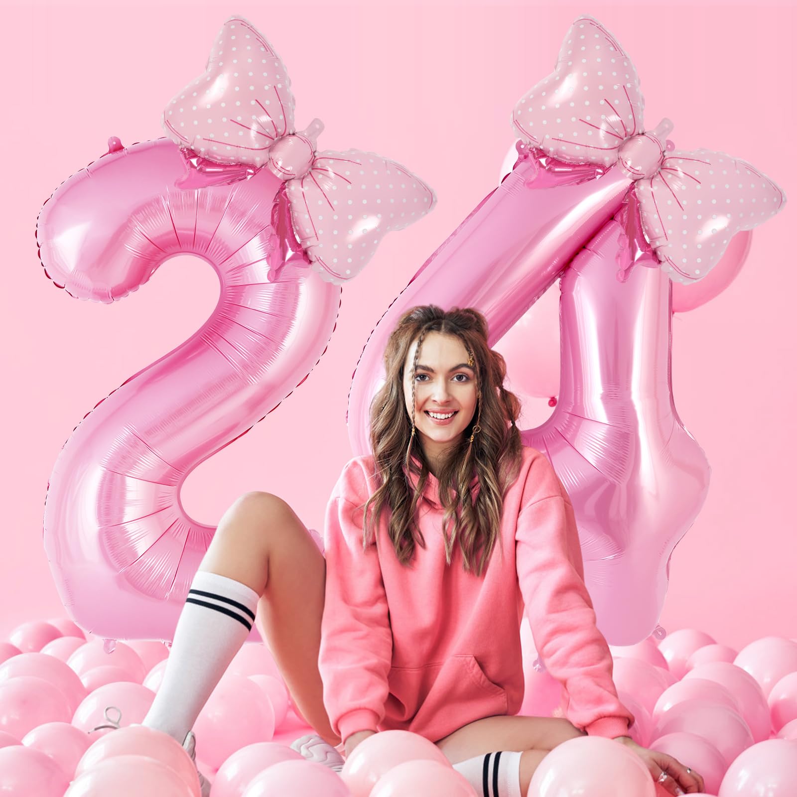 AIQINHU Bow Pink Number 4 Balloon Set – 40 Inch Foil Balloons with Bow for Birthday Parties