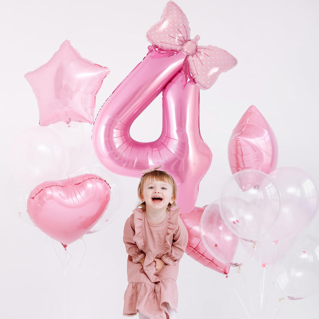AIQINHU Bow Pink Number 4 Balloon Set – 40 Inch Foil Balloons with Bow for Birthday Parties