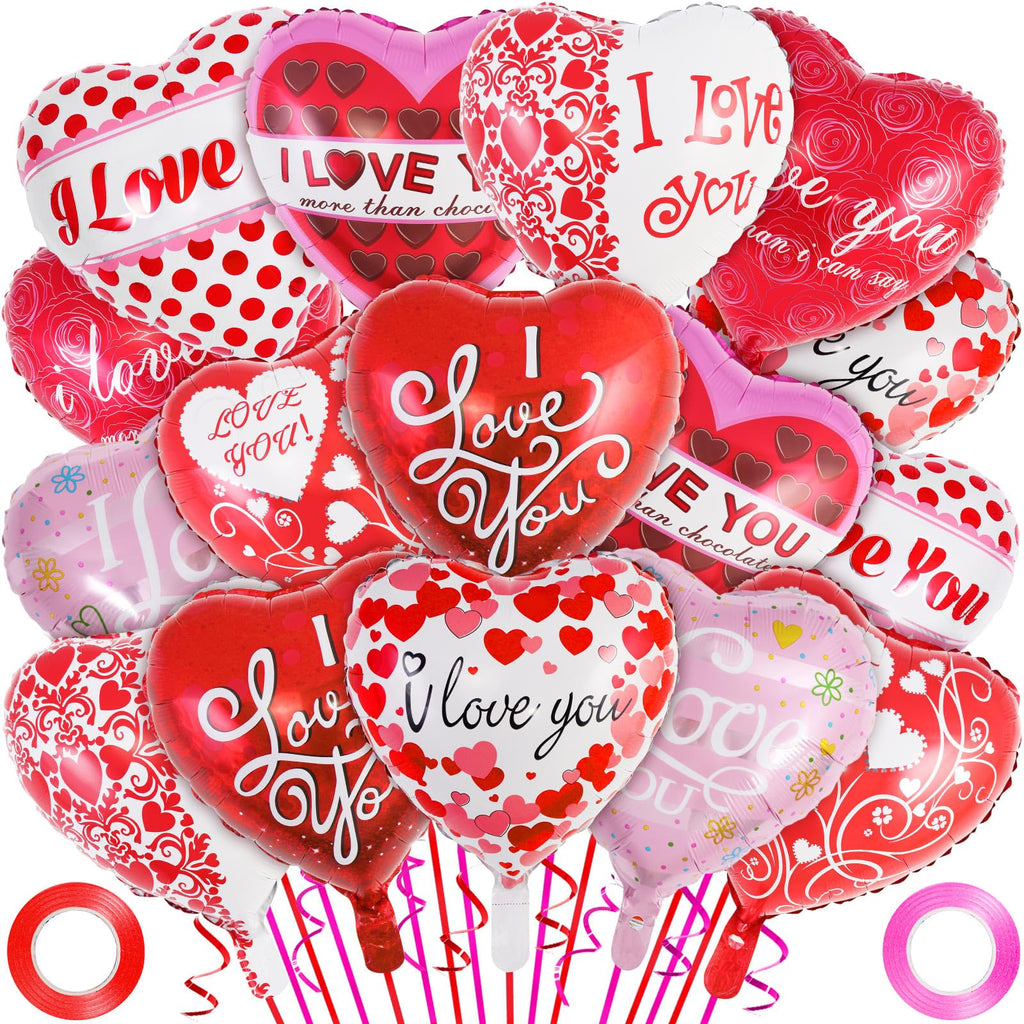 AIQINHU Red Heart Valentine Balloons – 16 Pcs I Love You Foil Balloons for Valentines Day and Romantic Nights