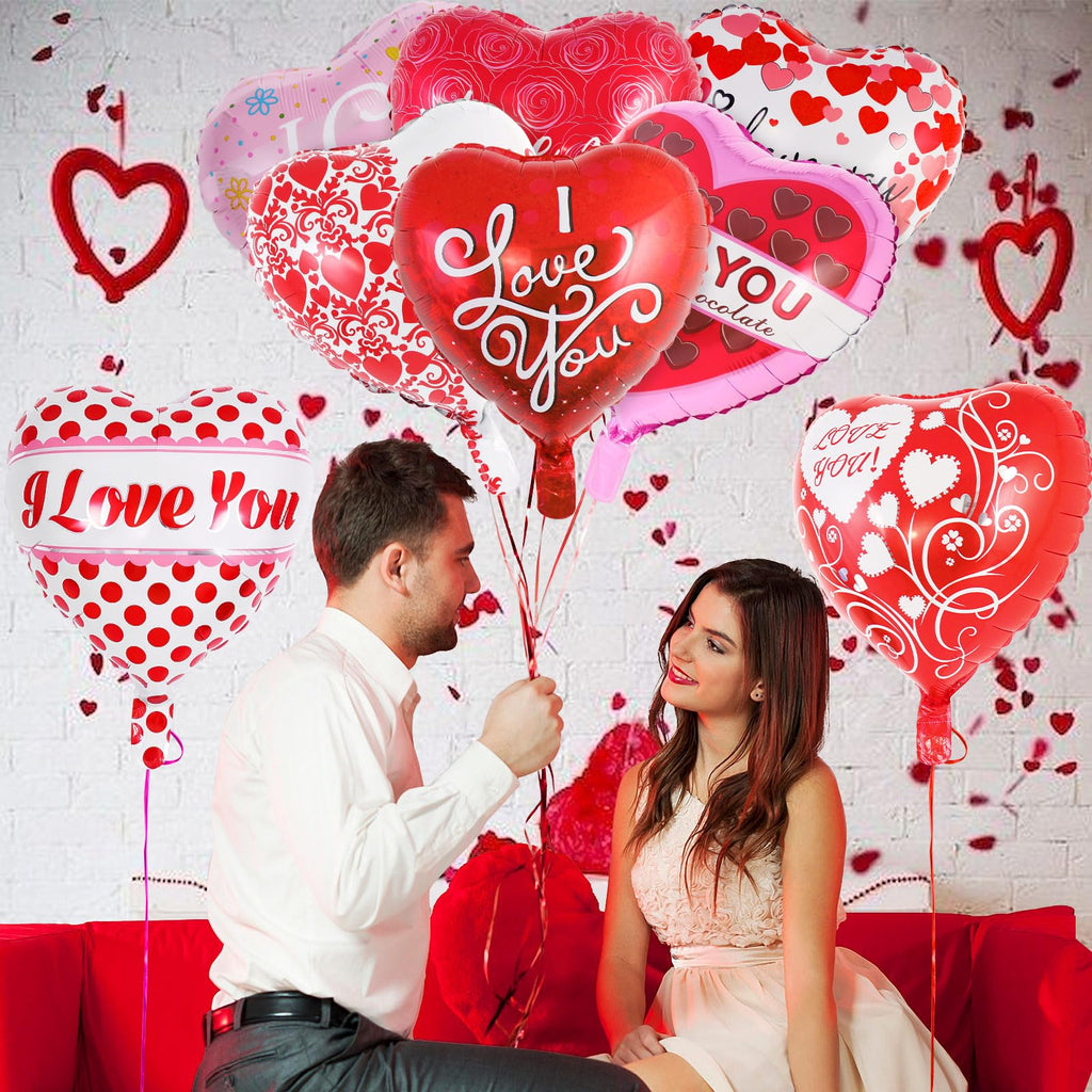 AIQINHU Red Heart Valentine Balloons – 16 Pcs I Love You Foil Balloons for Valentines Day and Romantic Nights