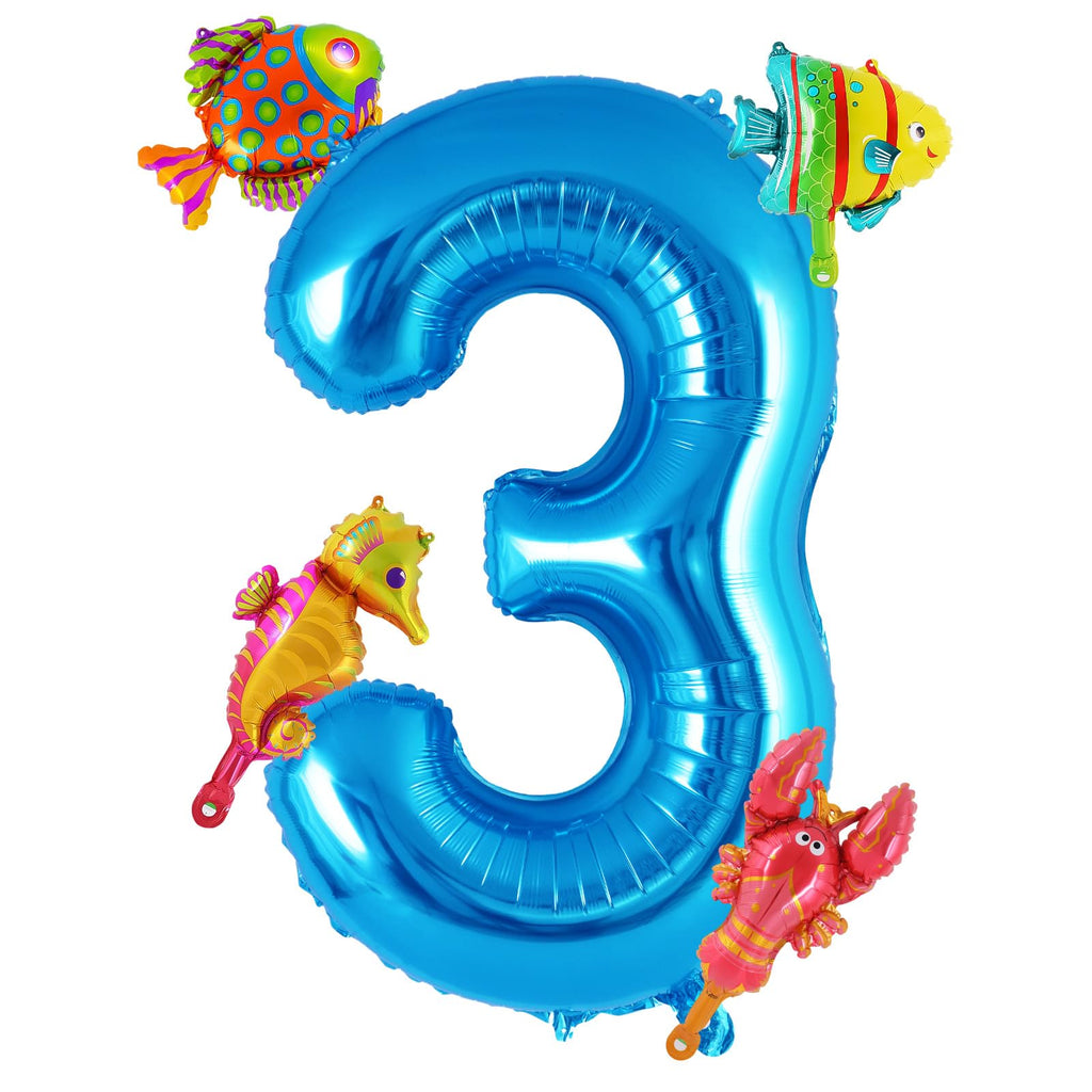 AIQINHU Sea Animal Blue 3 Balloon Set — 40-Inch Foil Balloon with 4 Mini Ocean Balloons