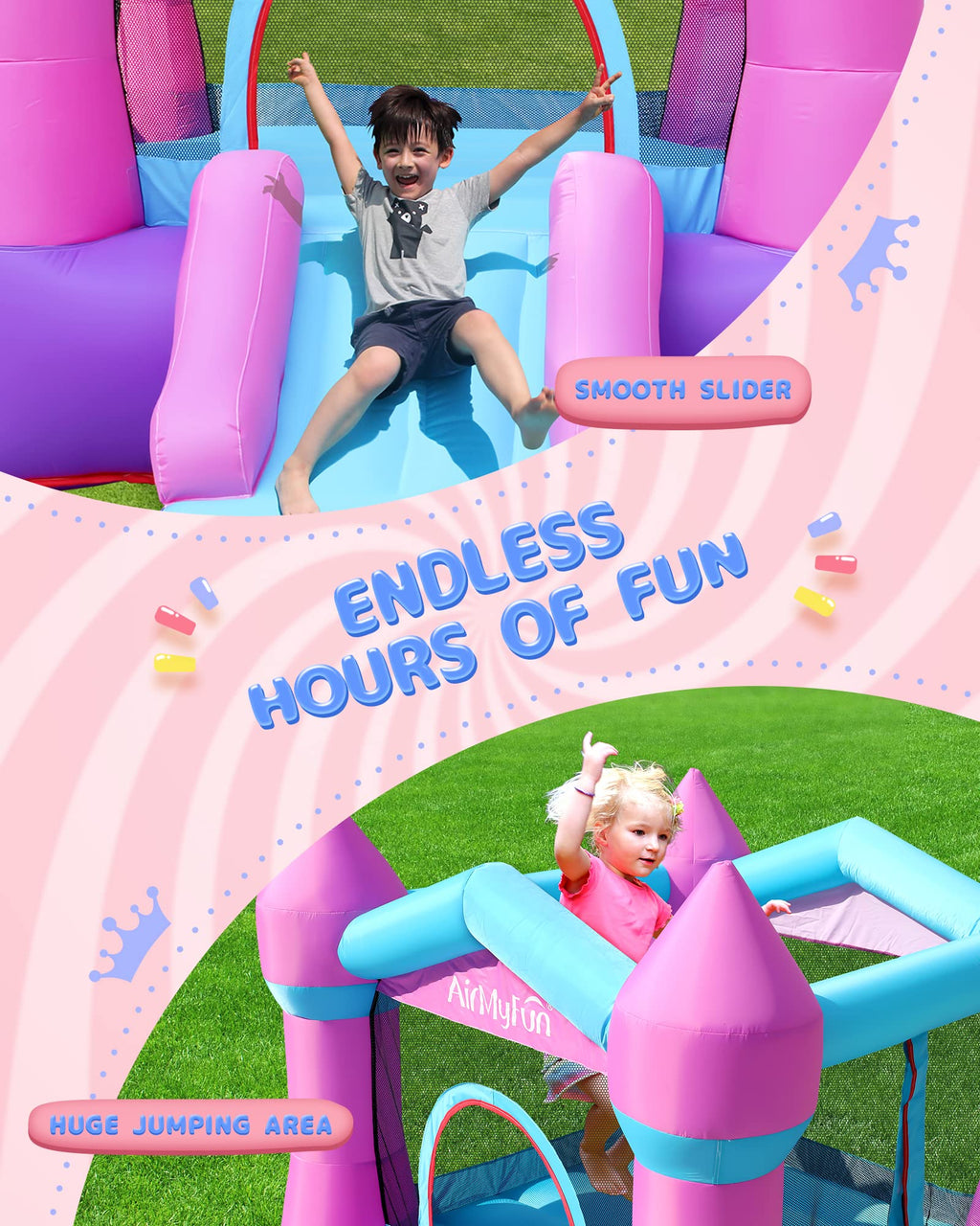 AirMyFun Pink Inflatable Toddler Bounce House with Blower – Indoor/Outdoor Jumping Castle for Kids 3-8 (82011B)