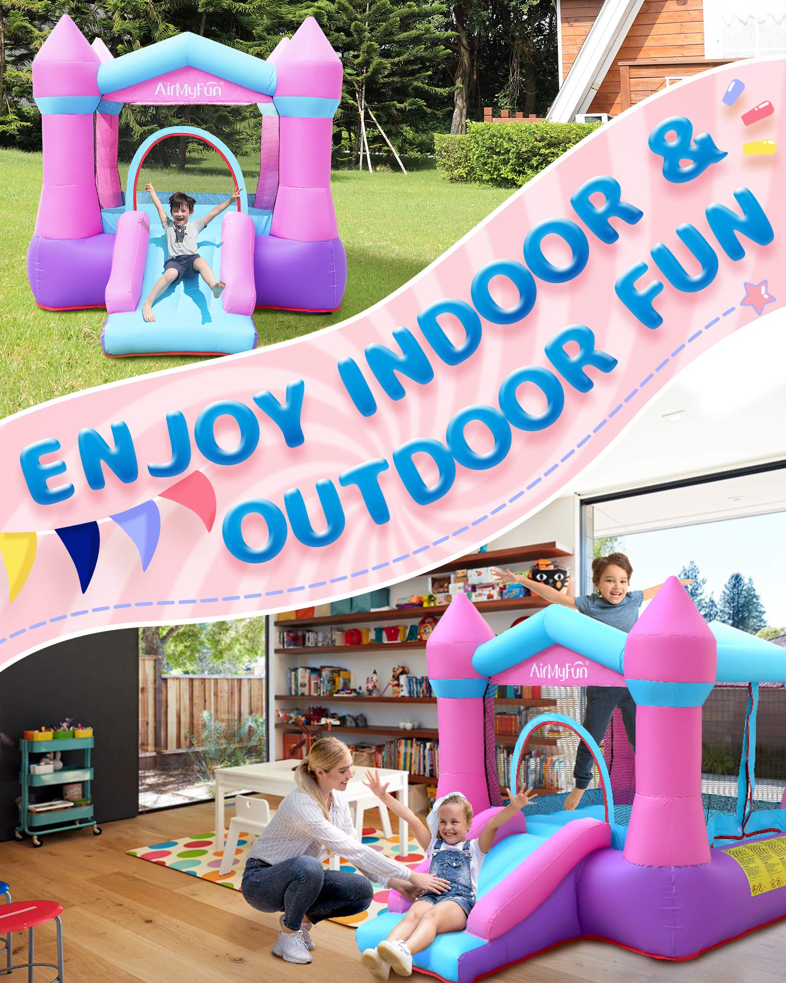 AirMyFun Pink Inflatable Toddler Bounce House with Blower – Indoor/Outdoor Jumping Castle for Kids 3-8 (82011B)