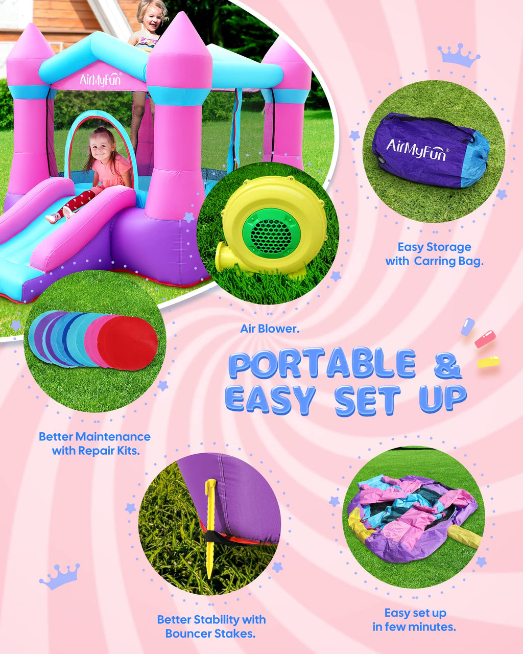 AirMyFun Pink Inflatable Toddler Bounce House with Blower – Indoor/Outdoor Jumping Castle for Kids 3-8 (82011B)