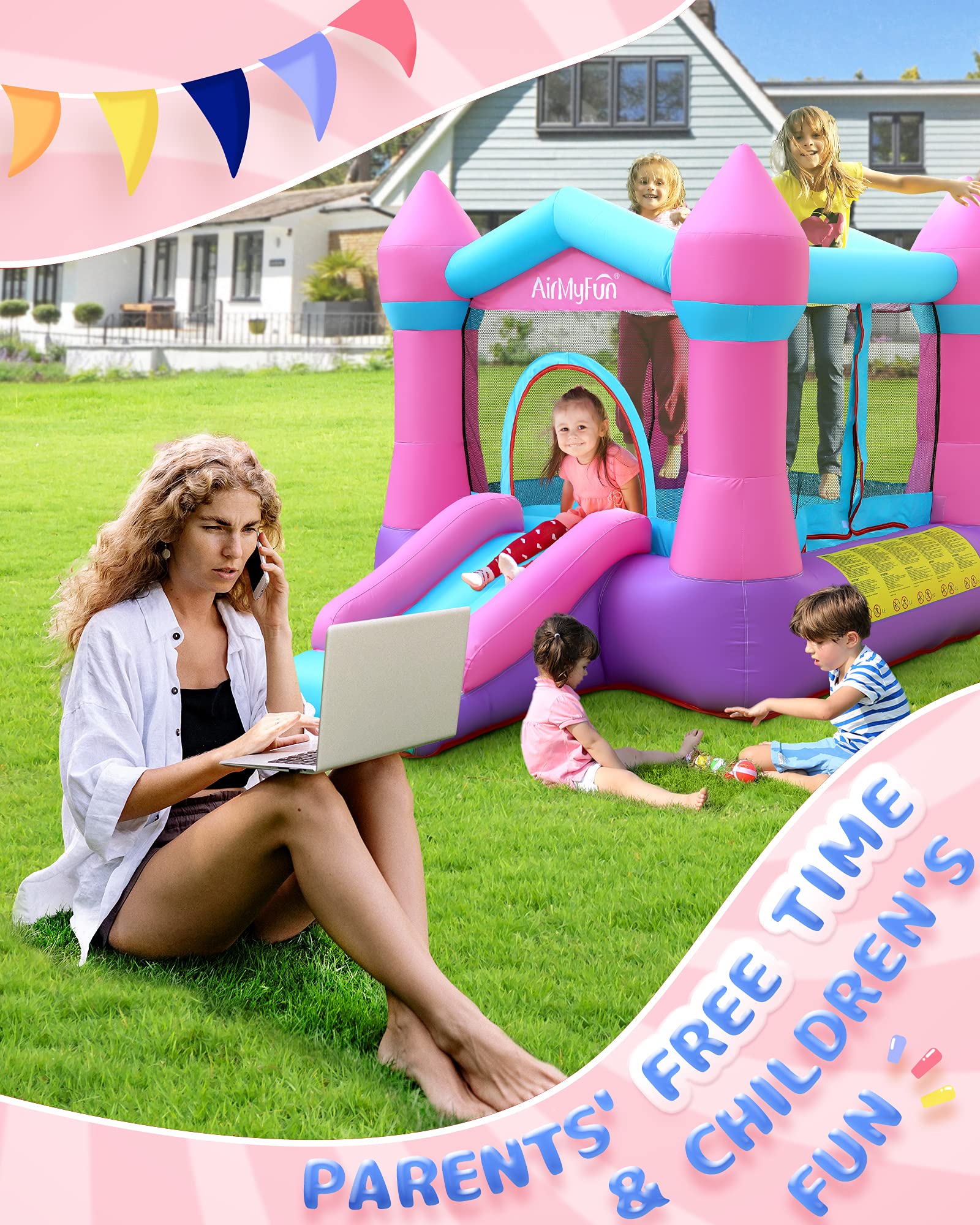 AirMyFun Pink Inflatable Toddler Bounce House with Blower – Indoor/Outdoor Jumping Castle for Kids 3-8 (82011B)