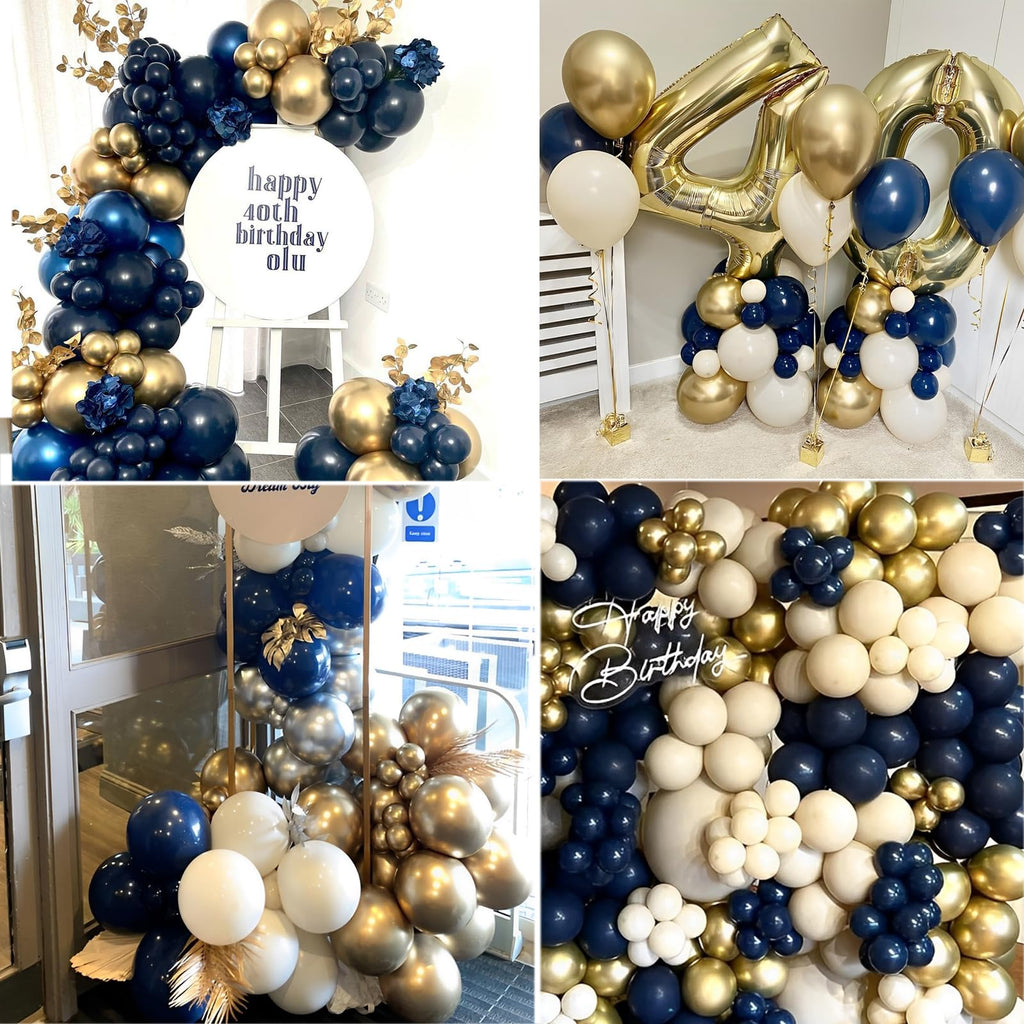 Aiwolf Navy Blue Gold White Balloons Set – 50 Latex 12-Inch Balloons for Weddings & Parties