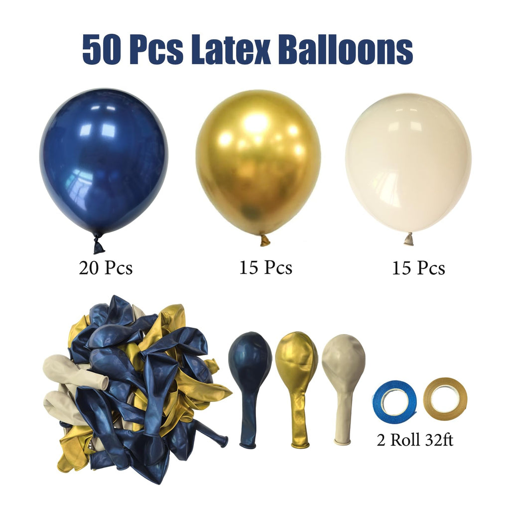 Aiwolf Navy Blue Gold White Balloons Set – 50 Latex 12-Inch Balloons for Weddings & Parties
