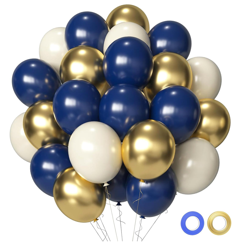 Aiwolf Navy Blue Gold White Balloons Set – 50 Latex 12-Inch Balloons for Weddings & Parties