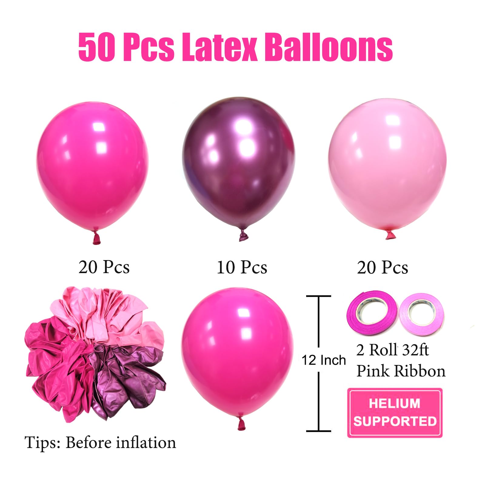 Aiwolf Pink Balloons Set – 50pcs, 12in, Hot Pink, Light Pink & Metallic Pink for Birthday & Baby Shower