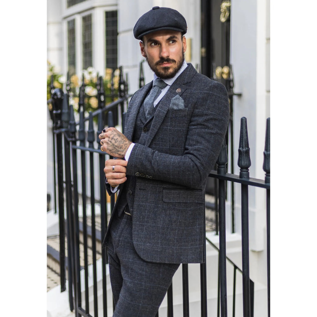 AK-12 - Men's Grey Tweed 3 Piece Suit Blue Check 1920s Gatsby Blinders