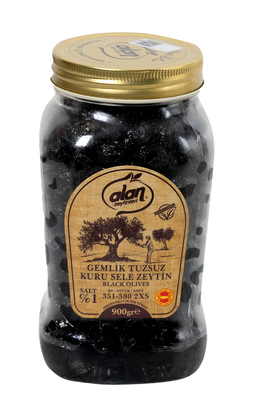 Alan Gemlik Low Salt Kuru Sele Black Olives 2XS 900g