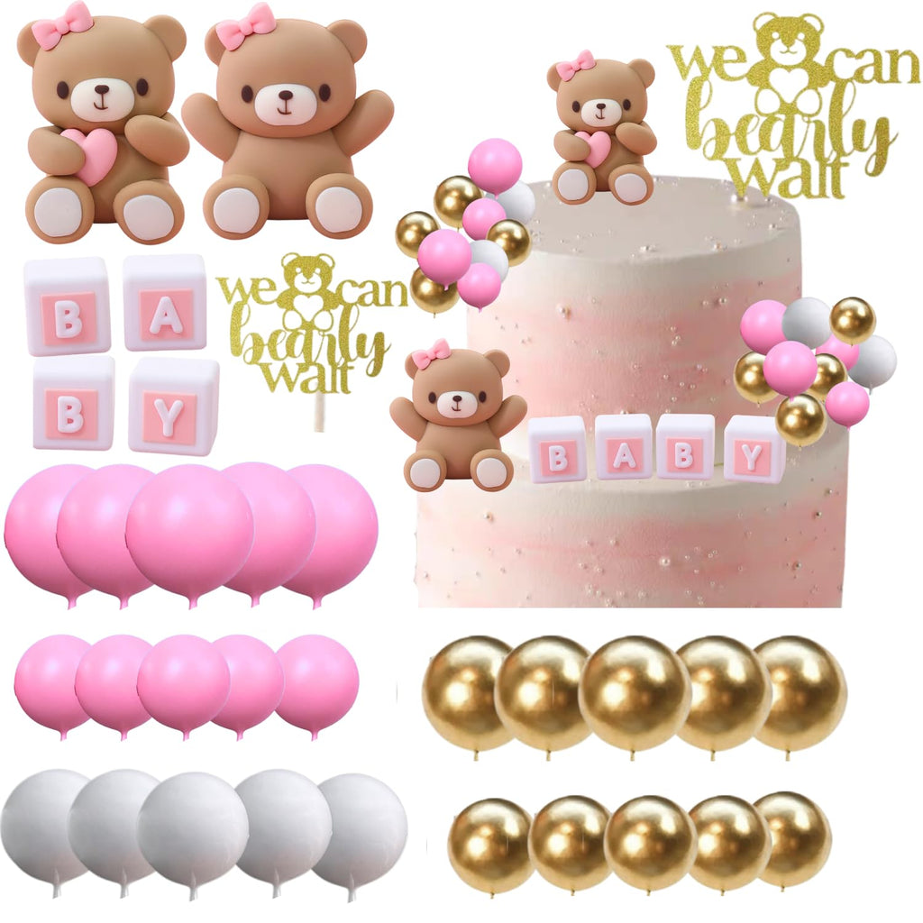 ALISSAR 32-Pcs Bear Cake Toppers – Pink Baby Shower Decorations