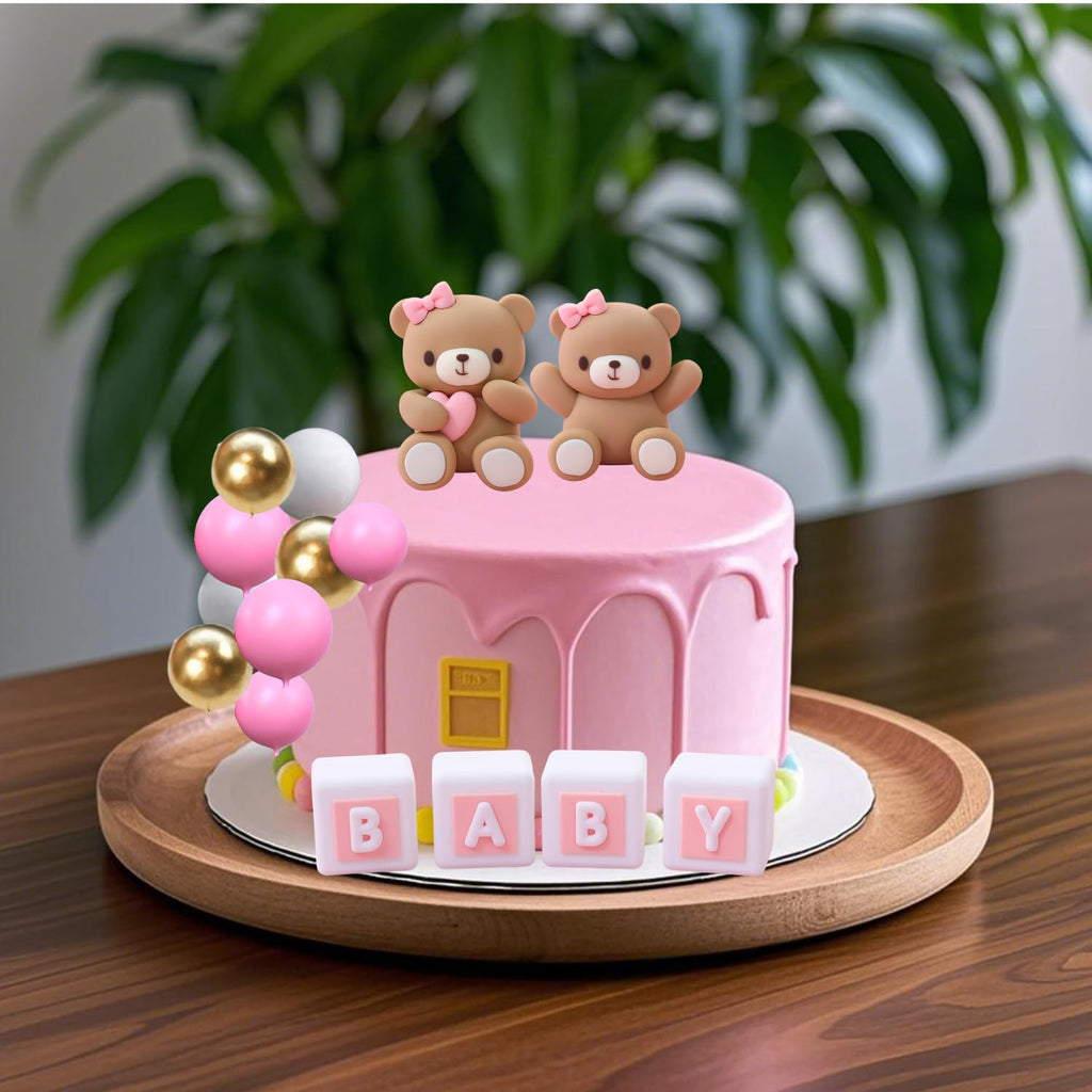 ALISSAR 32-Pcs Bear Cake Toppers – Pink Baby Shower Decorations