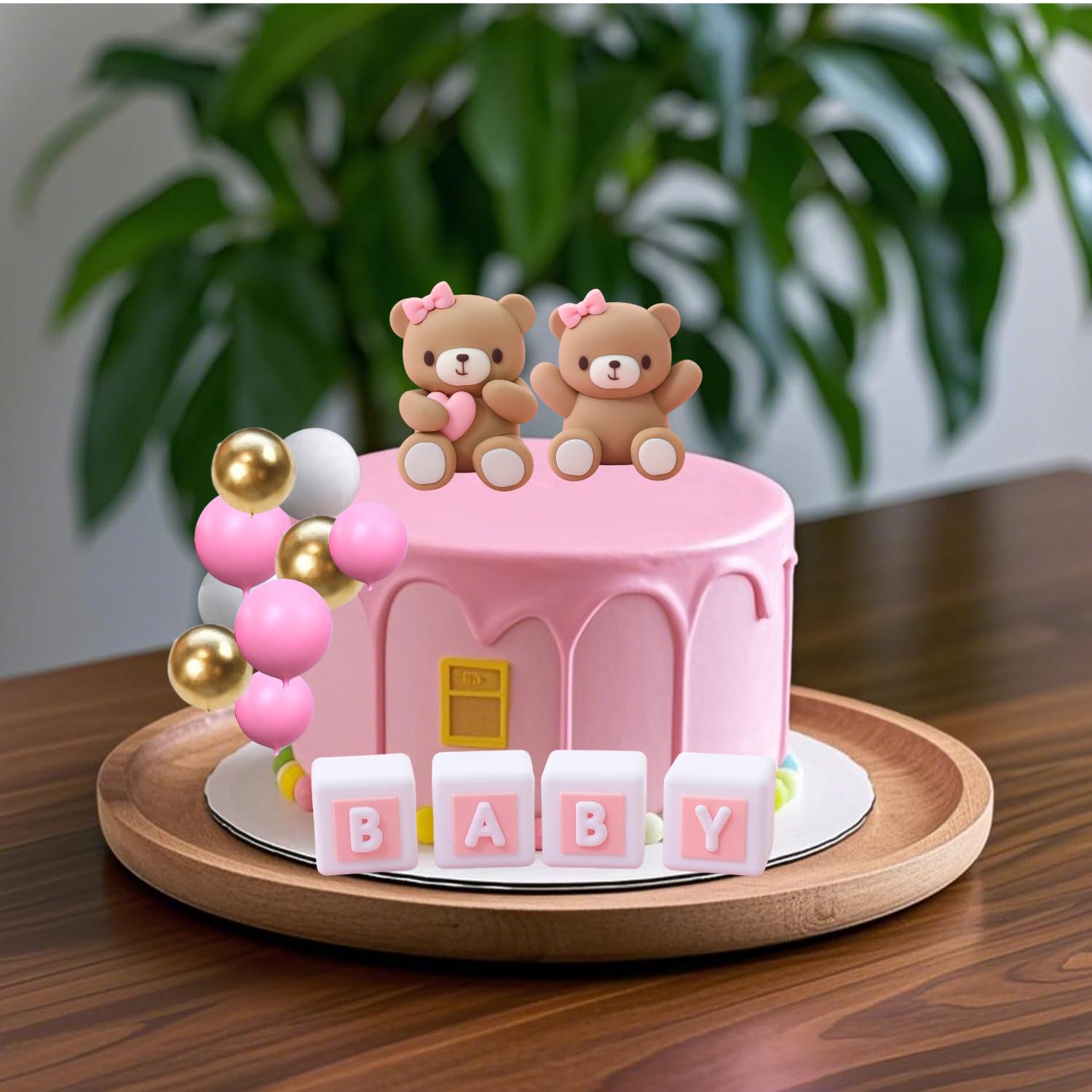 ALISSAR 32-Pcs Bear Cake Toppers – Pink Baby Shower Decorations