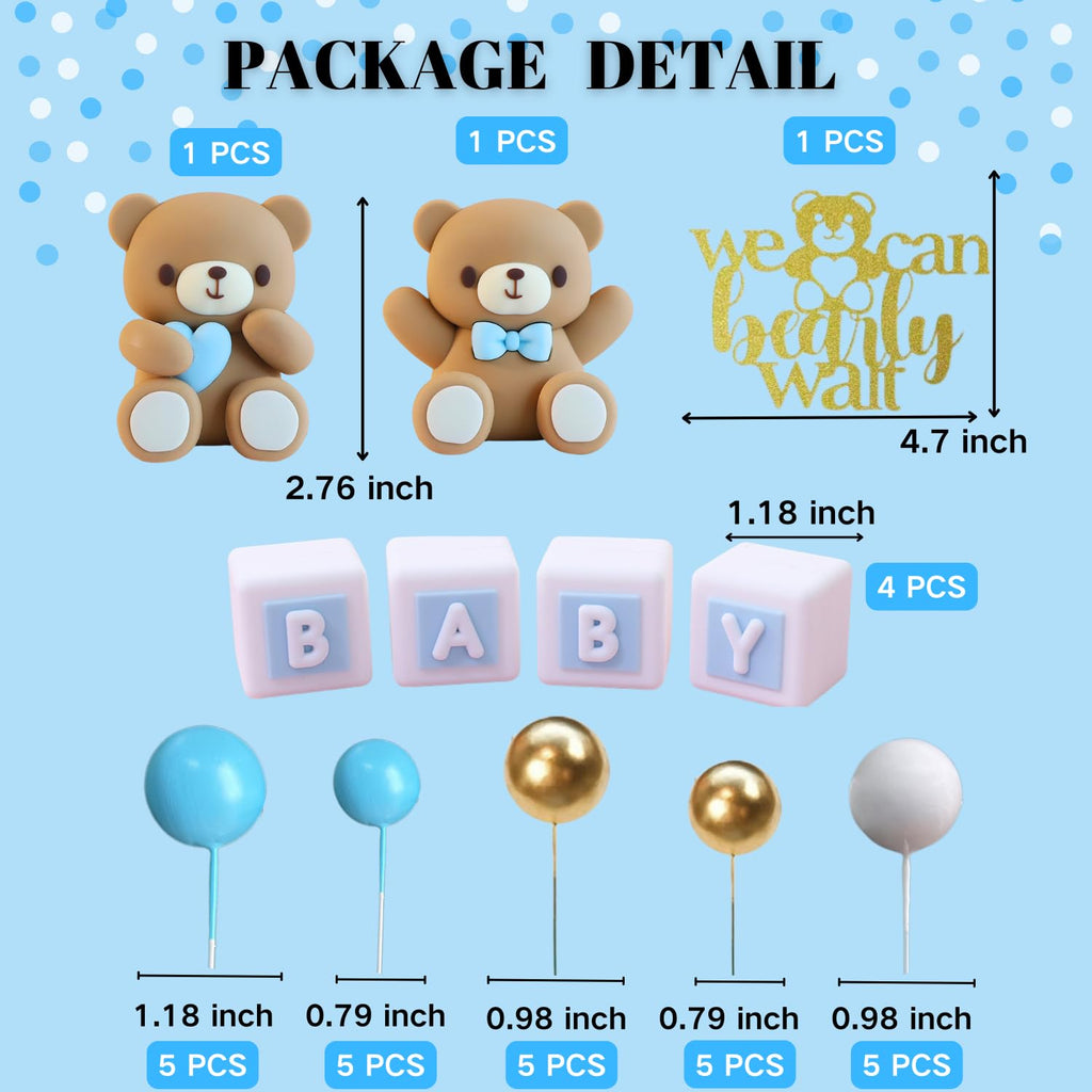 ALISSAR 32Pcs Bear Cake Toppers Blue Baby Shower Decor Set