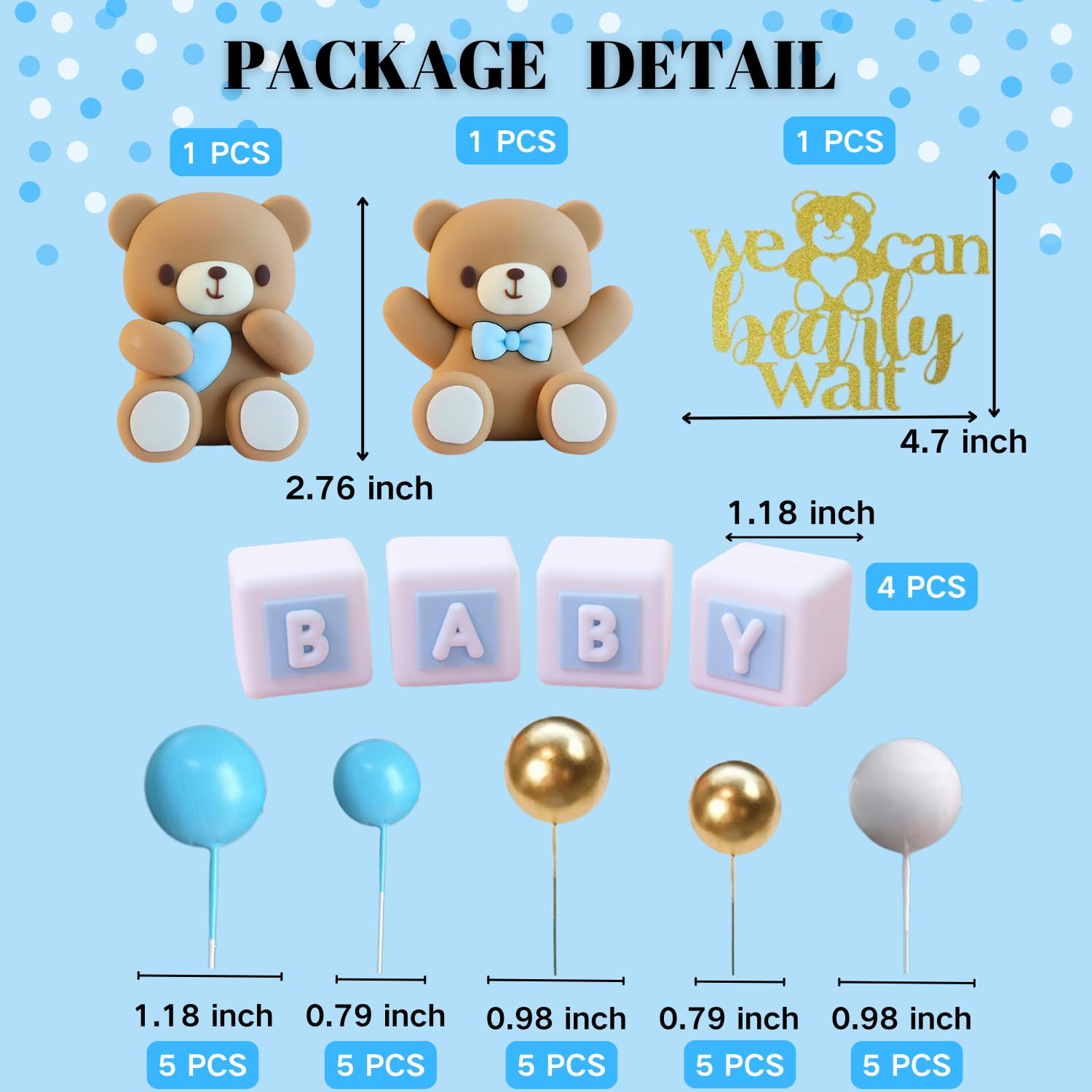 ALISSAR 32Pcs Bear Cake Toppers Blue Baby Shower Decor Set
