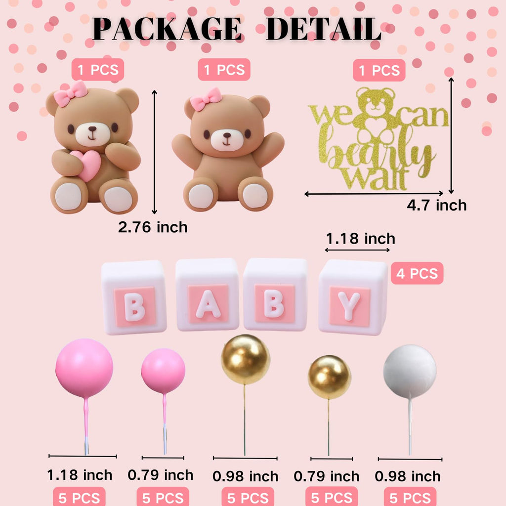 ALISSAR 32-Pcs Bear Cake Toppers – Pink Baby Shower Decorations