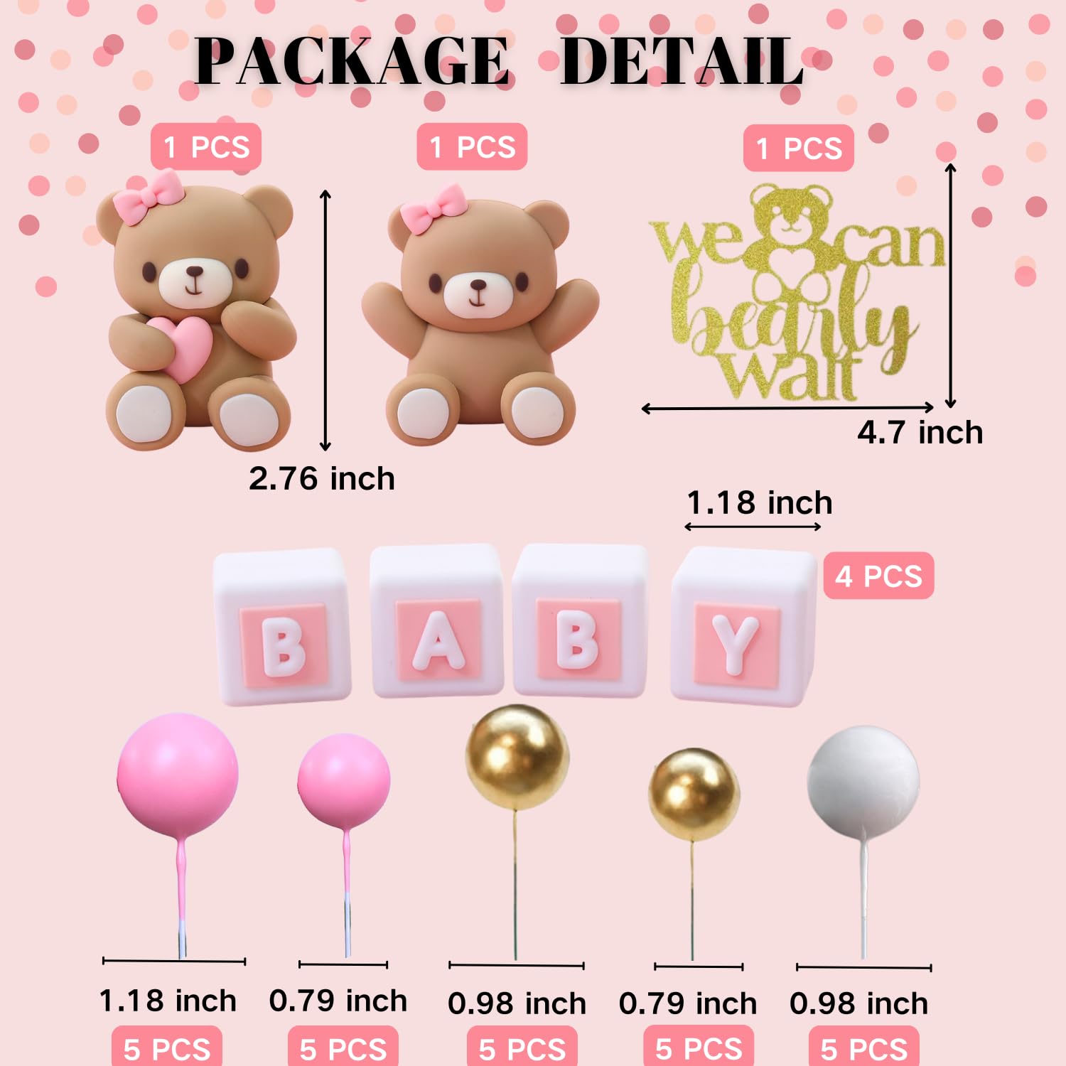 ALISSAR 32-Pcs Bear Cake Toppers – Pink Baby Shower Decorations