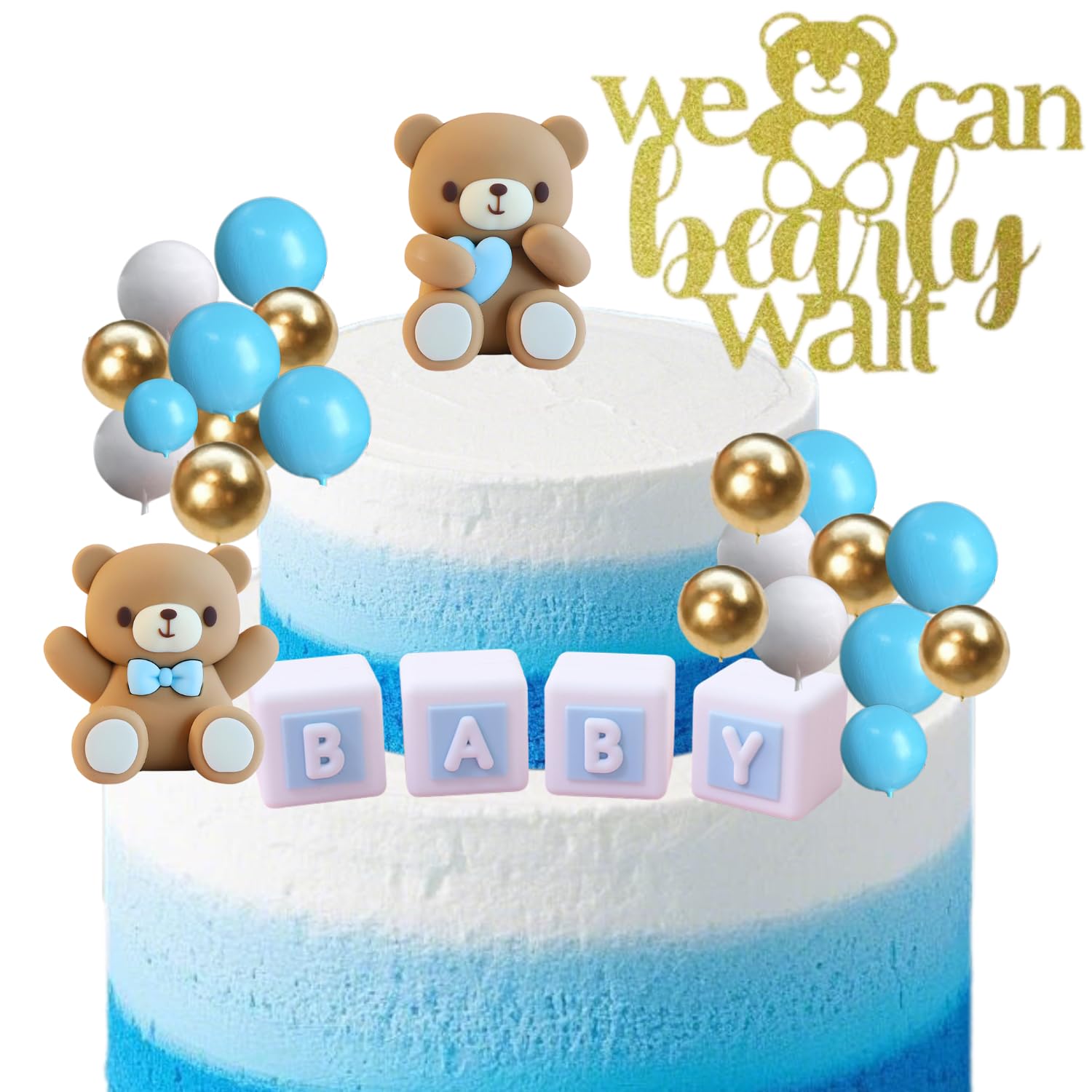 ALISSAR 32Pcs Bear Cake Toppers Blue Baby Shower Decor Set