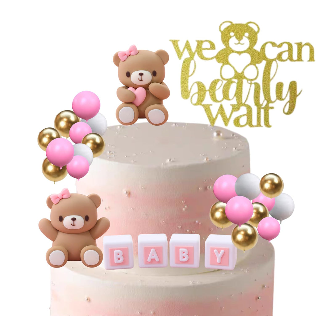 ALISSAR 32-Pcs Bear Cake Toppers – Pink Baby Shower Decorations