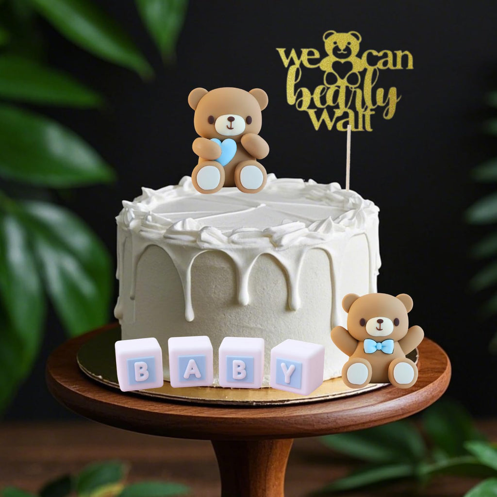 ALISSAR 32Pcs Bear Cake Toppers Blue Baby Shower Decor Set
