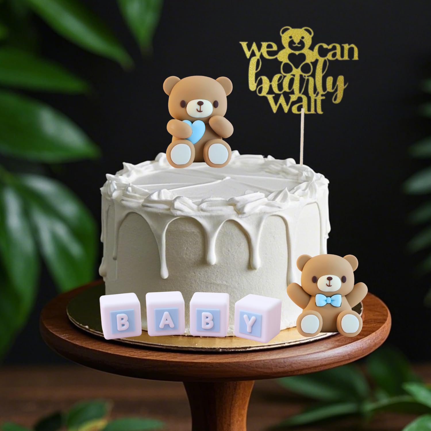 ALISSAR 32Pcs Bear Cake Toppers Blue Baby Shower Decor Set