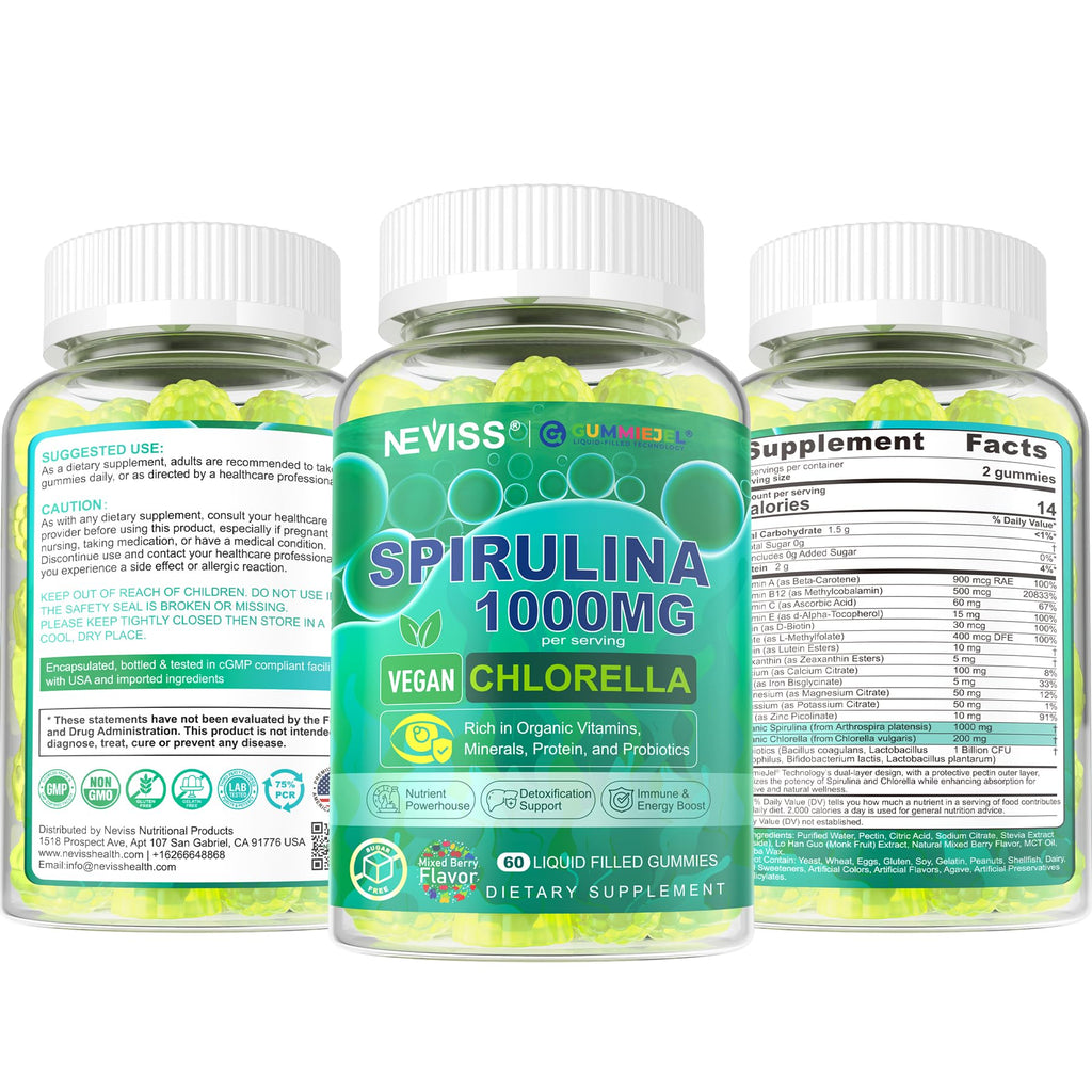 Bio Spirulina & Chlorella Gummis – Probiotikum & Super Greens Nahrungsergänzungsmittel, 60 Stück