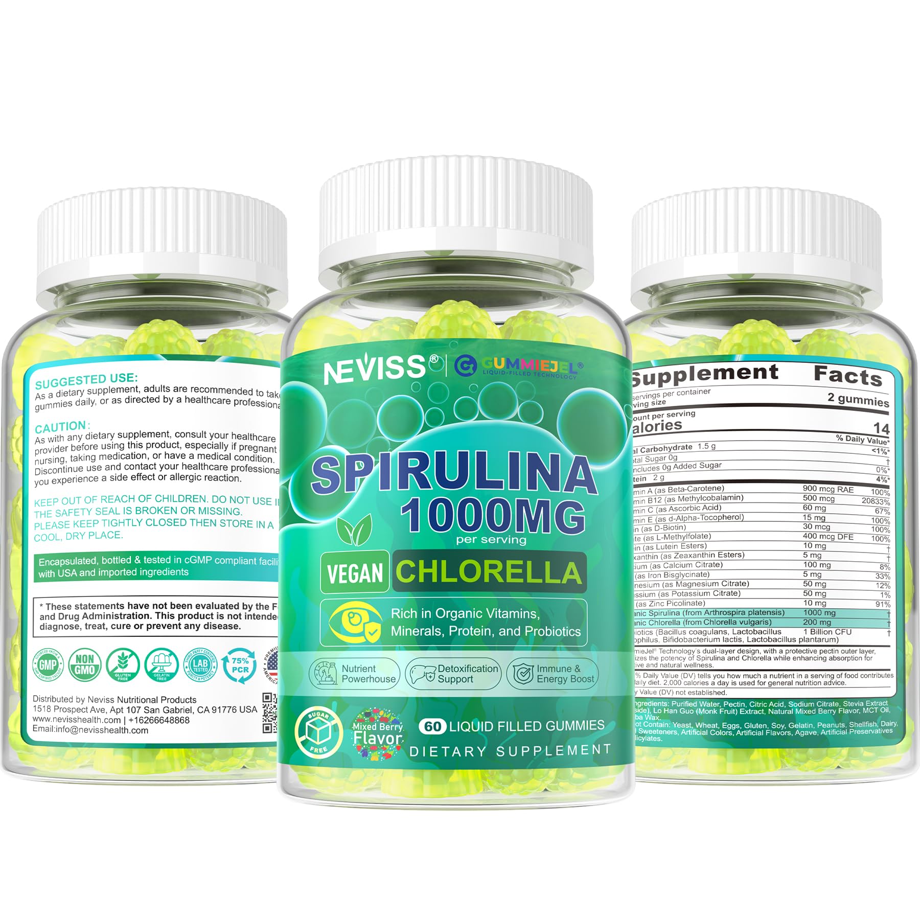 Bio Spirulina & Chlorella Gummis – Probiotikum & Super Greens Nahrungsergänzungsmittel, 60 Stück