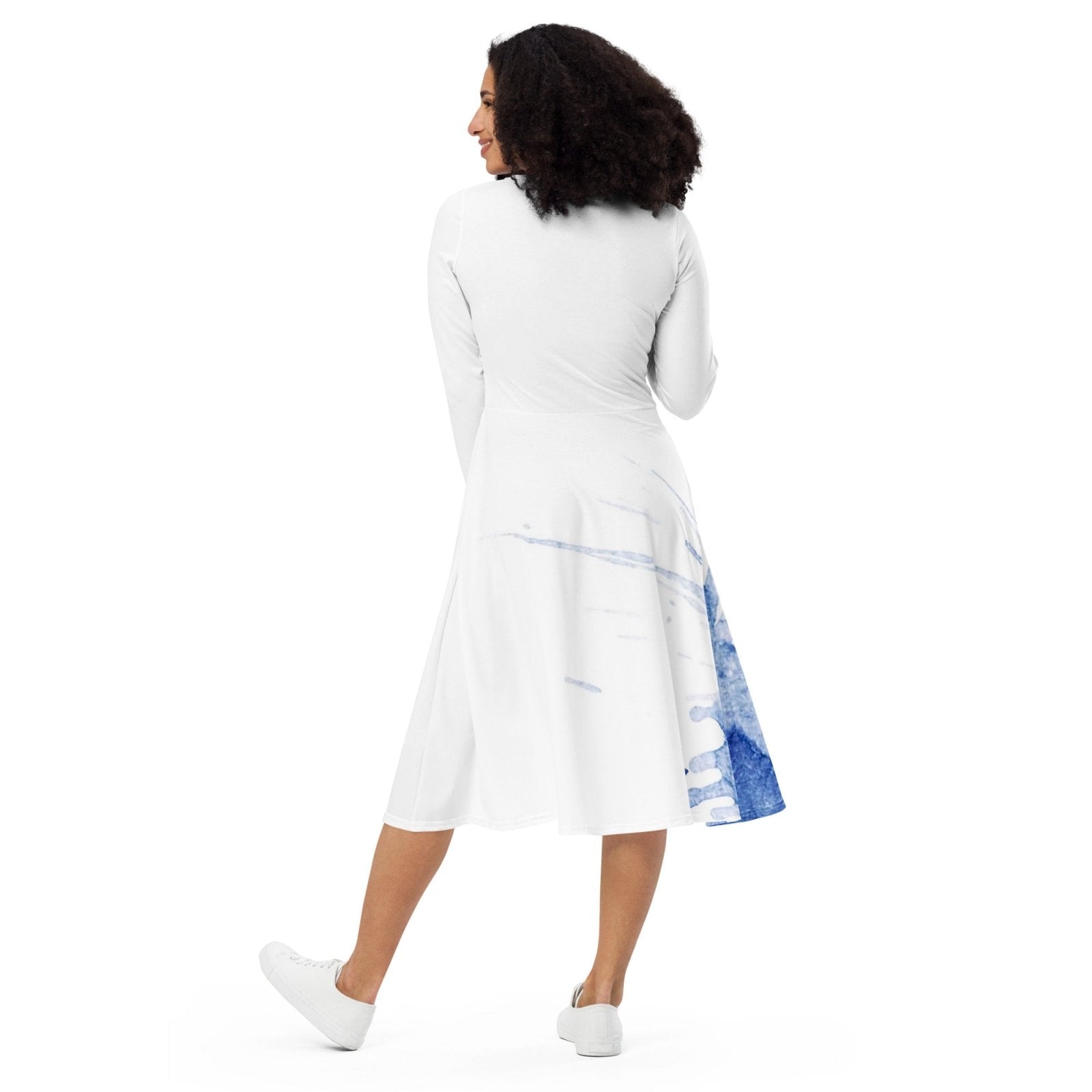 Watercolour Blue Splash - Womens Long Sleeve Midi Dress