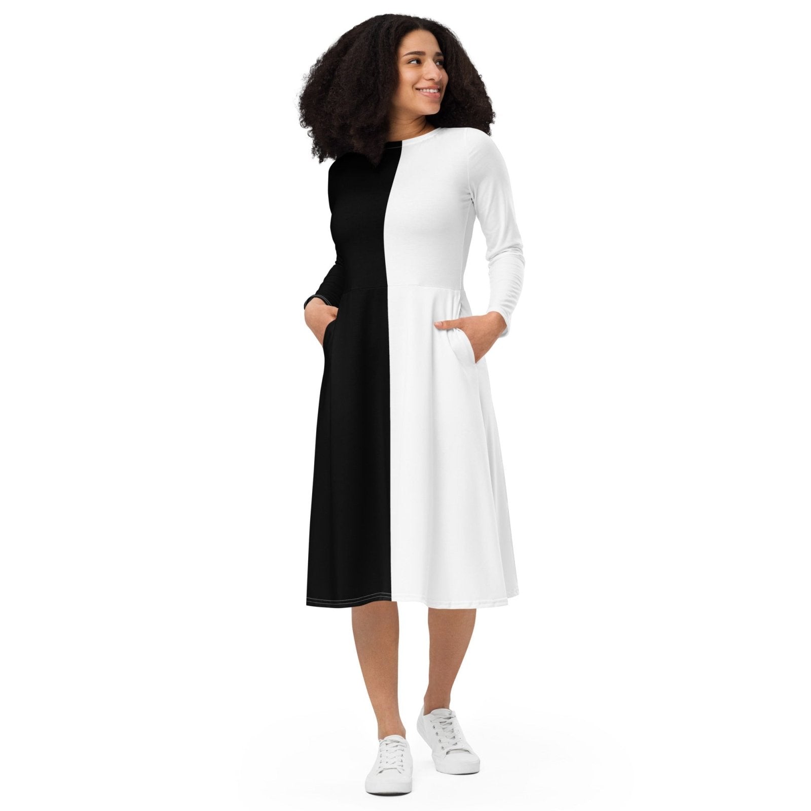 Half Black Half White - Womens Long Sleeve Midi Dress