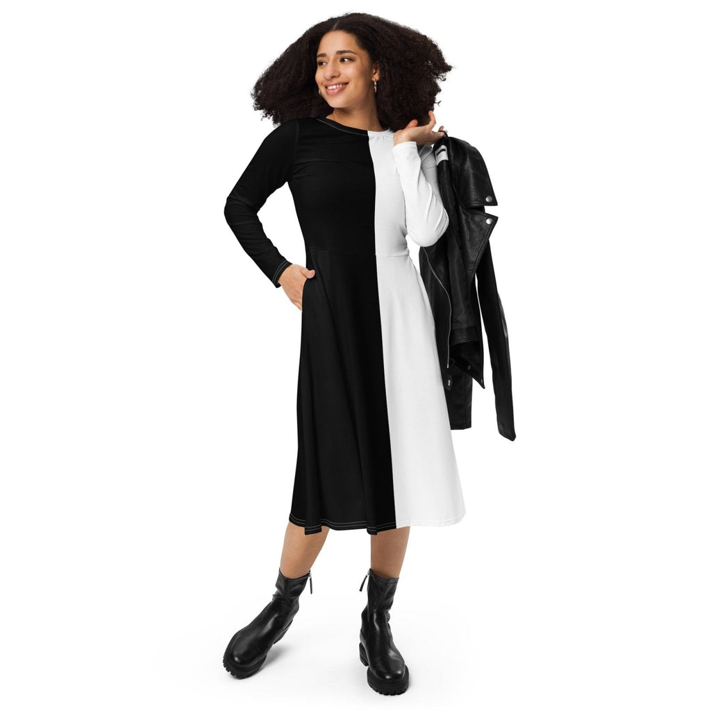 Half Black Half White - Womens Long Sleeve Midi Dress