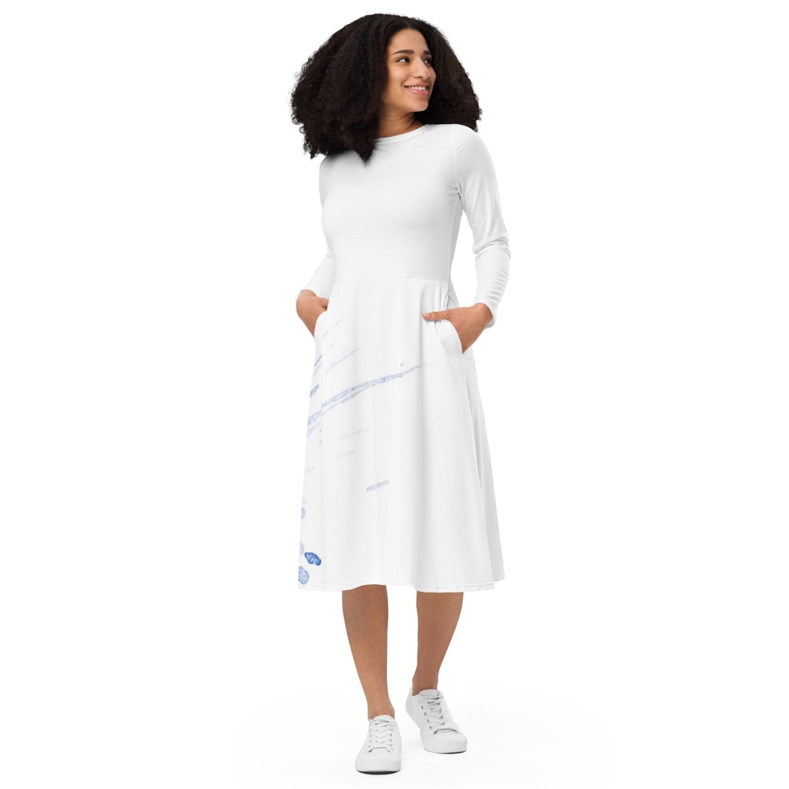 Watercolour Blue Splash - Womens Long Sleeve Midi Dress