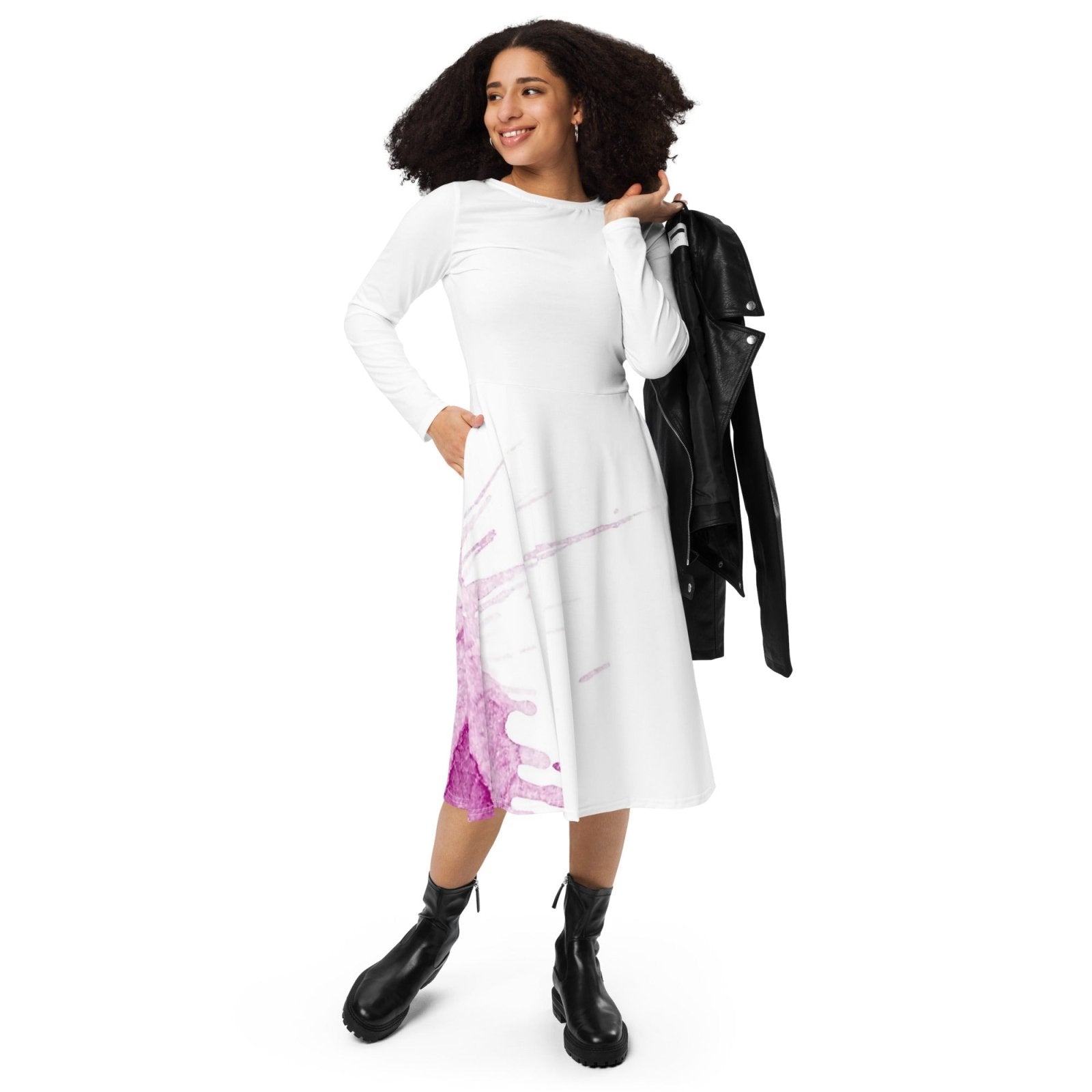 Watercolour Pink Splash - Womens Long Sleeve Midi Dress