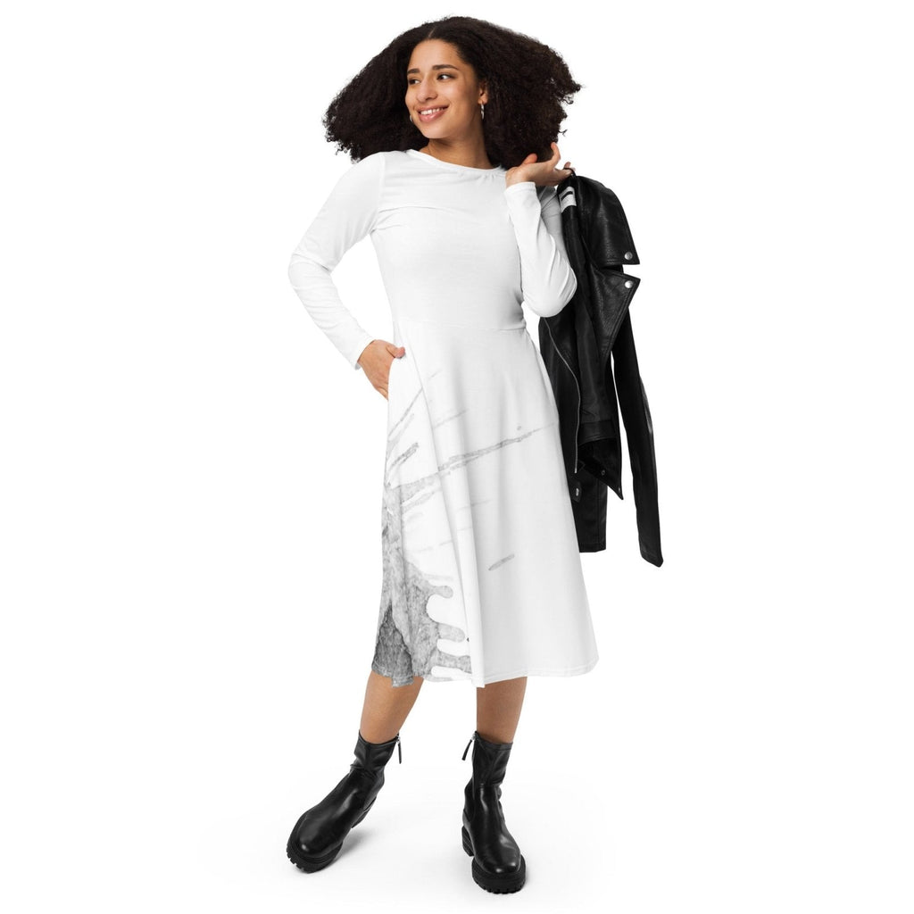 Watercolour Grey Splash - Womens Long Sleeve Midi Dress