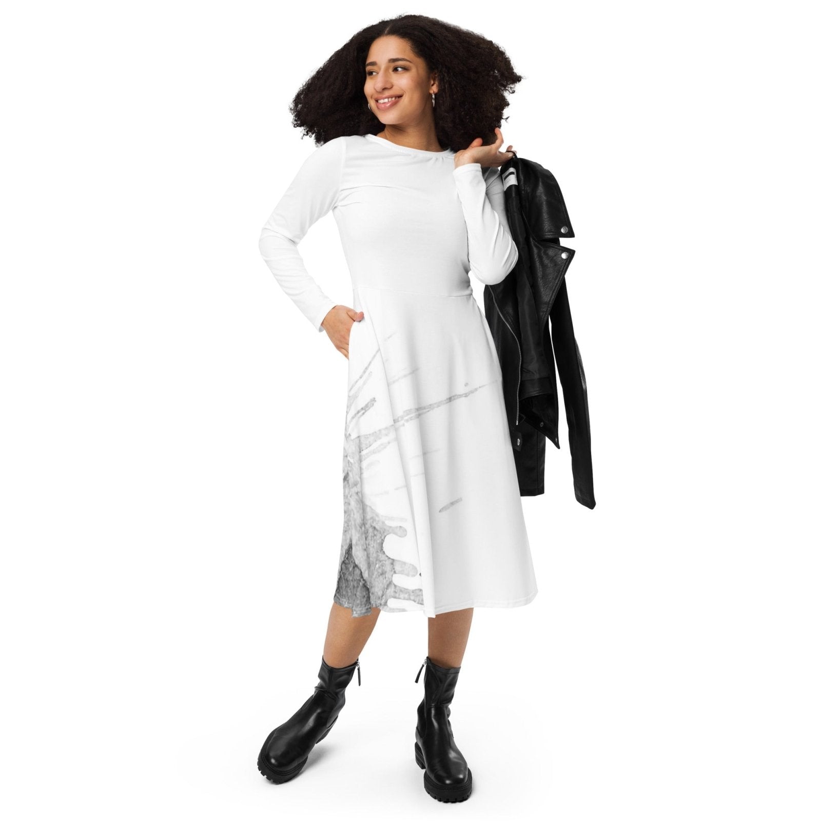 Watercolour Grey Splash - Womens Long Sleeve Midi Dress